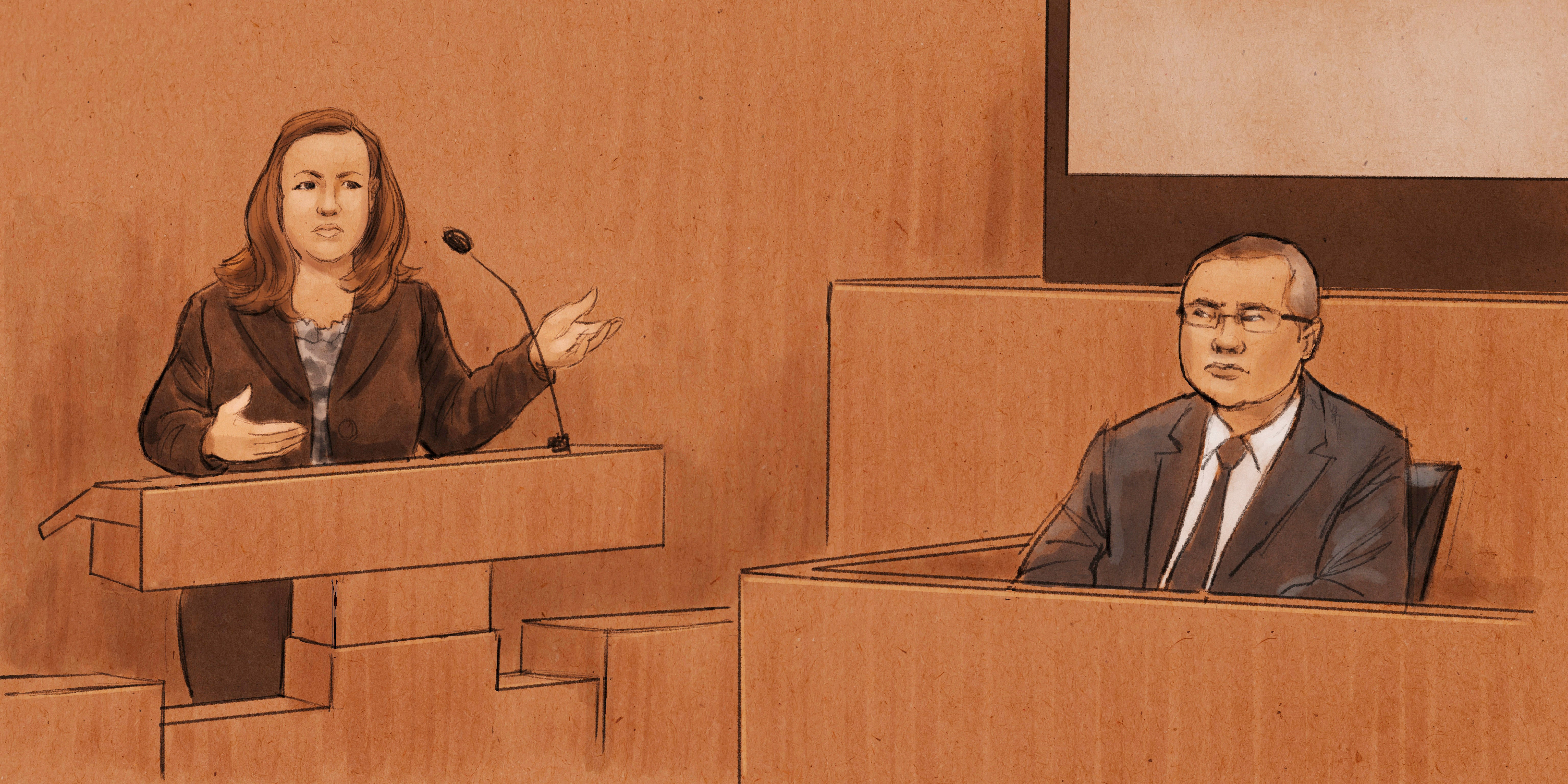 Tou Thao is pictured under cross-examination from prosecutor LeeAnn Bell in a courtroom sketch