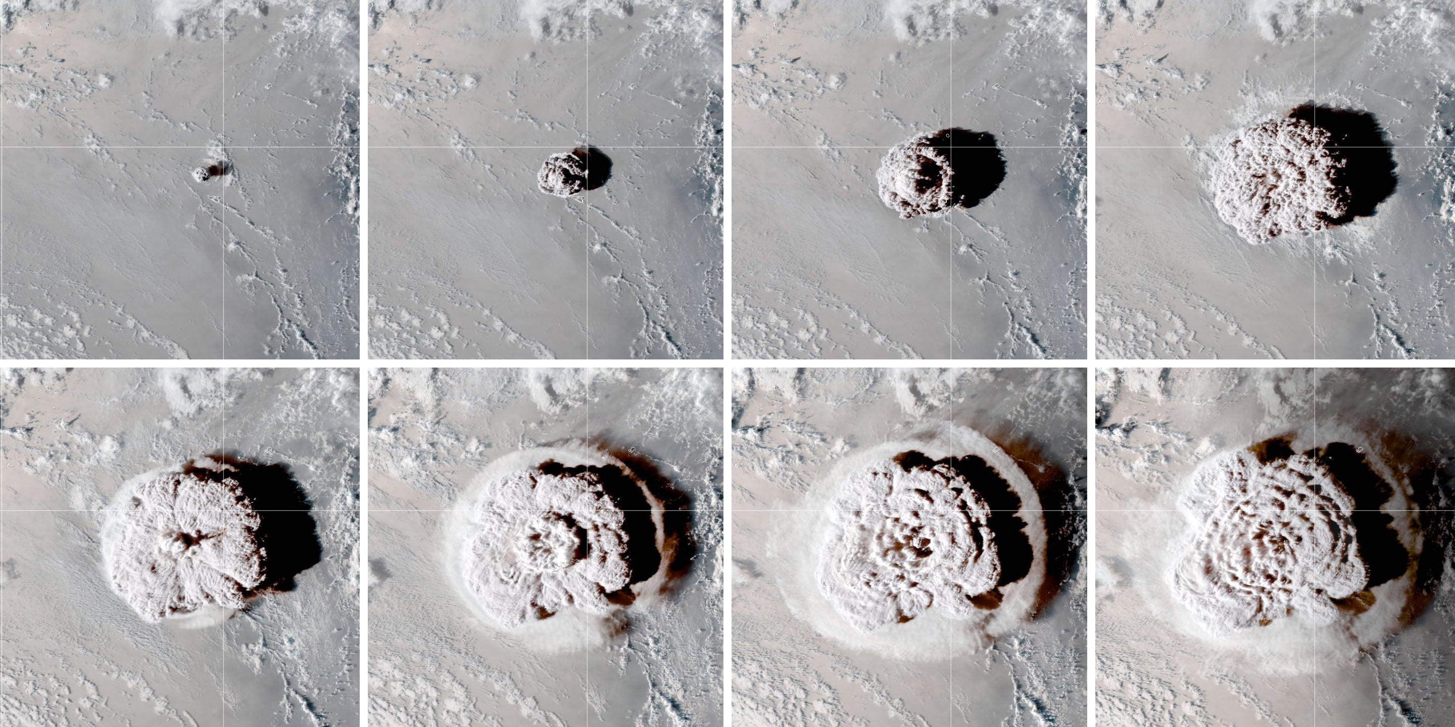 The ash plume of the 15 January Tonga volcano eruption seen growing in satellite images