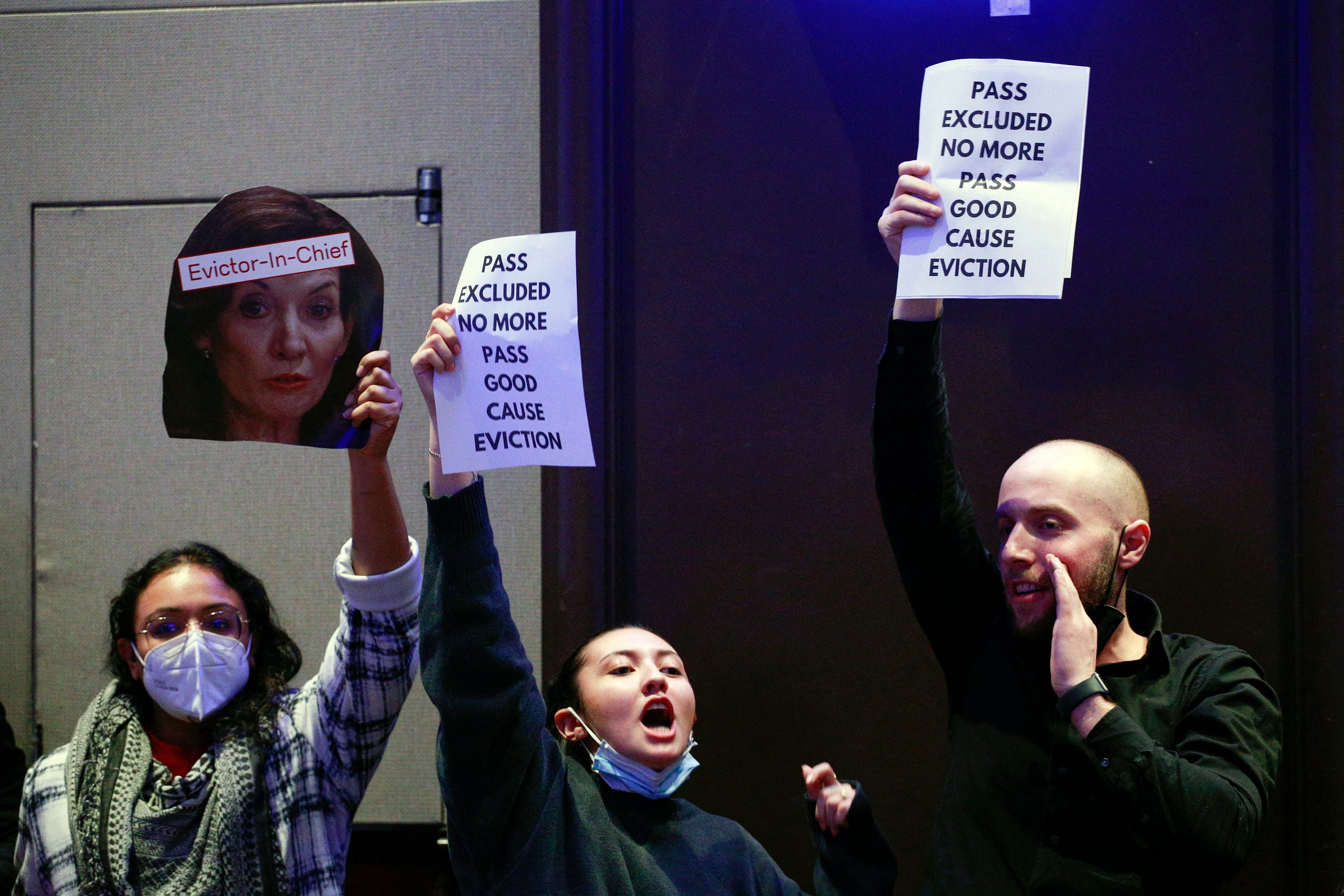 Protesters demand New York Governor Kathy Hochul support eviction protections during her remarks to the state Democratic Party nominating convention on 17 February.