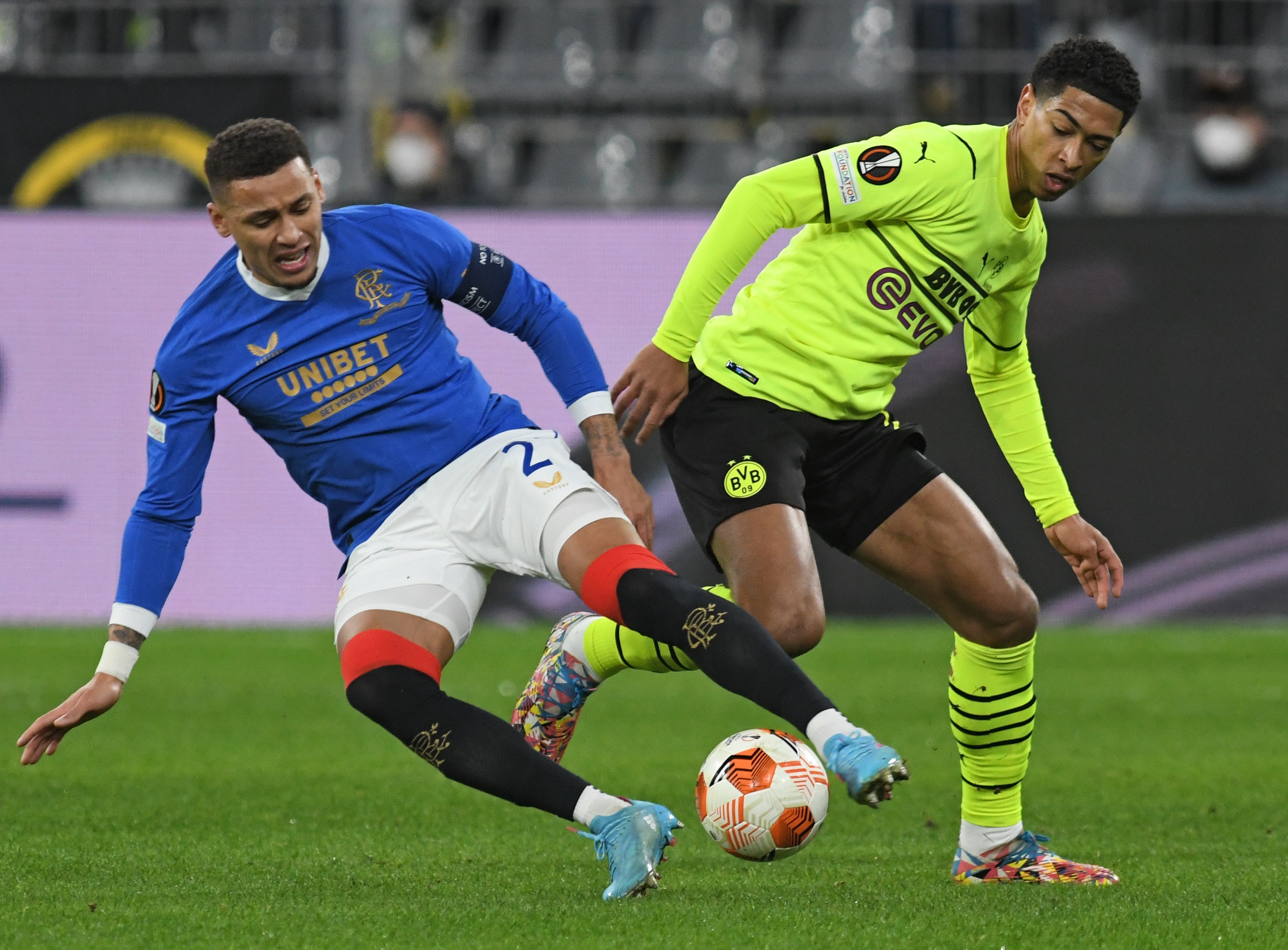 Still work to do says Rangers captain James Tavernier (left) after stunning Euro win in Dortmund (Bernd Thissen via DPA.)