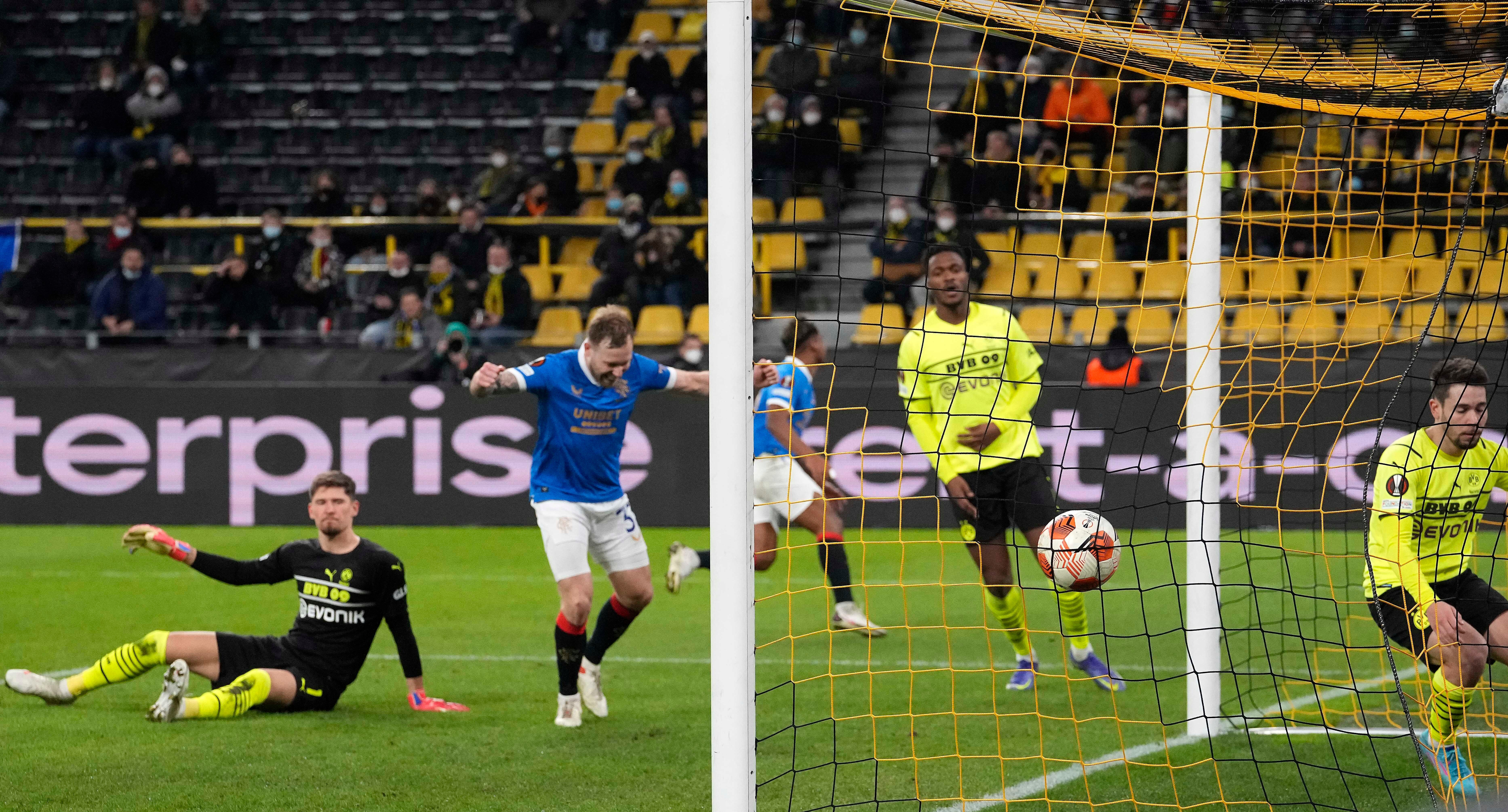 Alfredo Morelos, background, scores Rangers’ fourth goal