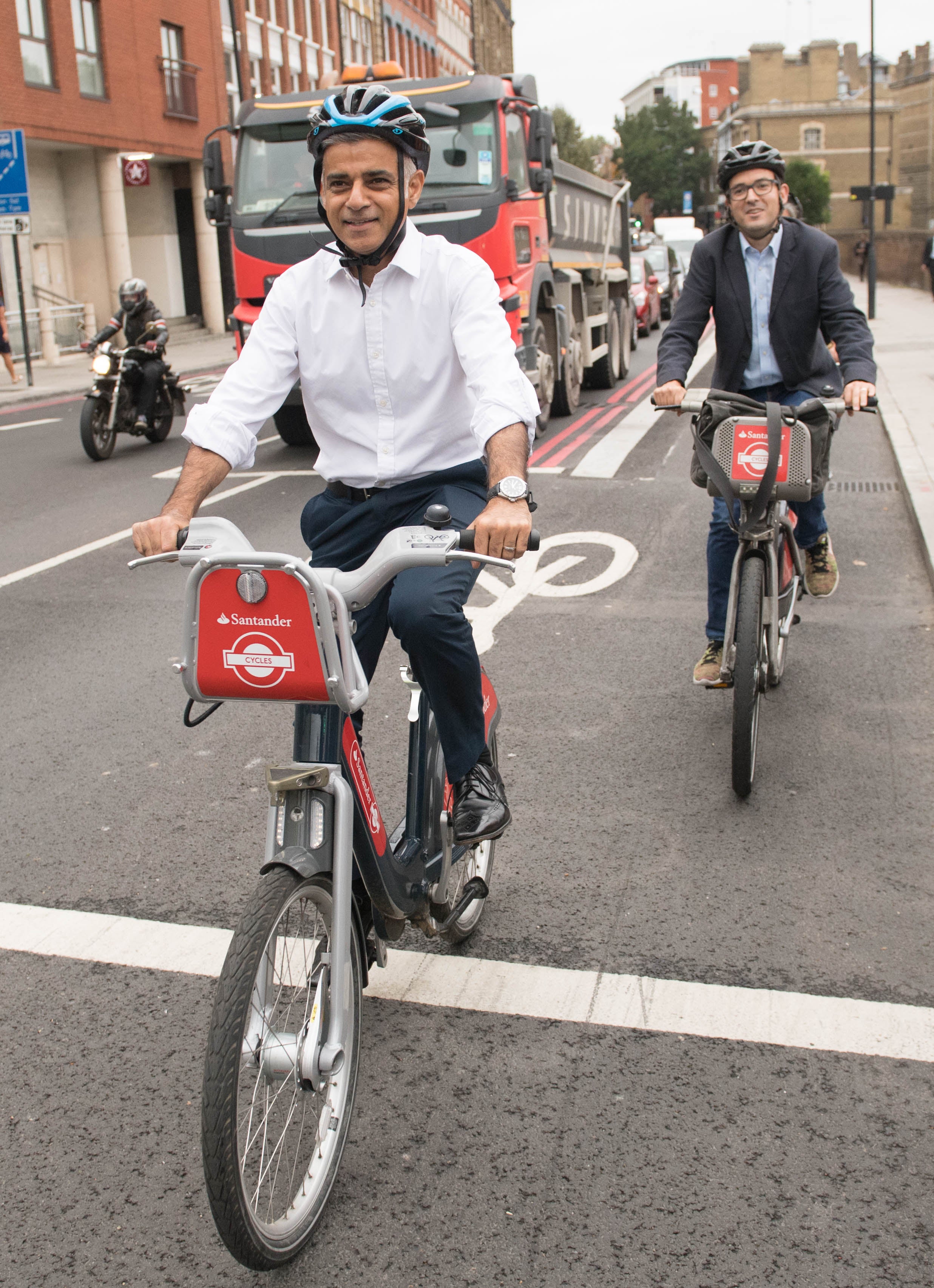 Mayor of London Sadiq Khan (front) and the city’s walking and cycling commissioner Will Norman