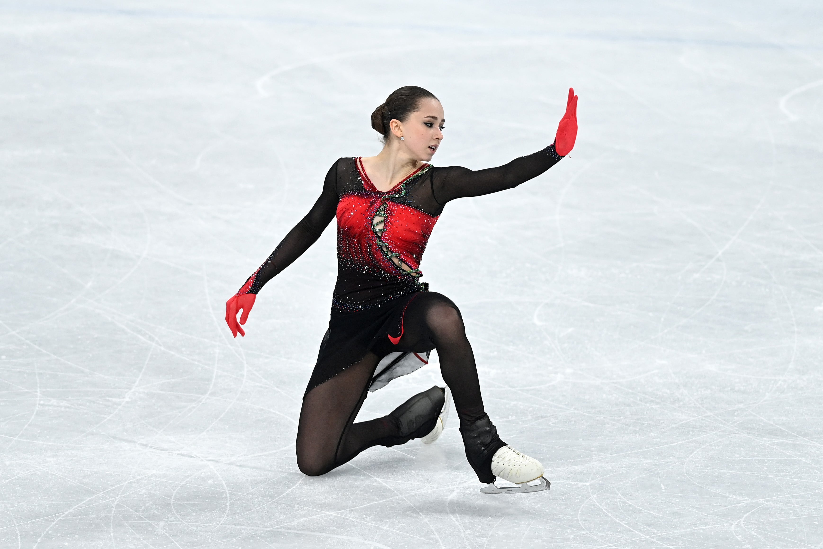 Kamila Valieva of Team ROC skates during the Women Single Skating Free Skating on day thirteen of the Beijing 2022 Winter Olympic Games