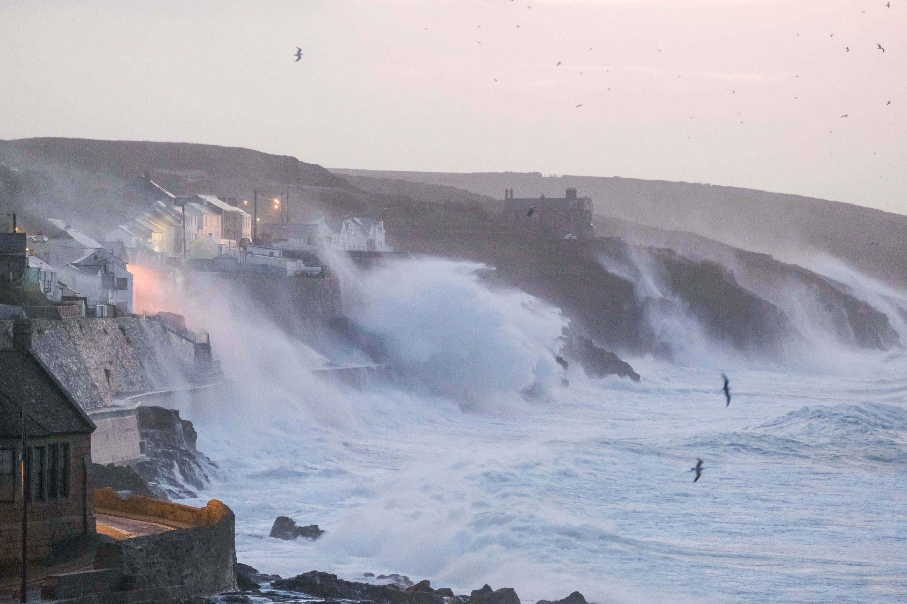 Waves hits Porthleven on the Cornish coast as Storm Eunice makes landfall