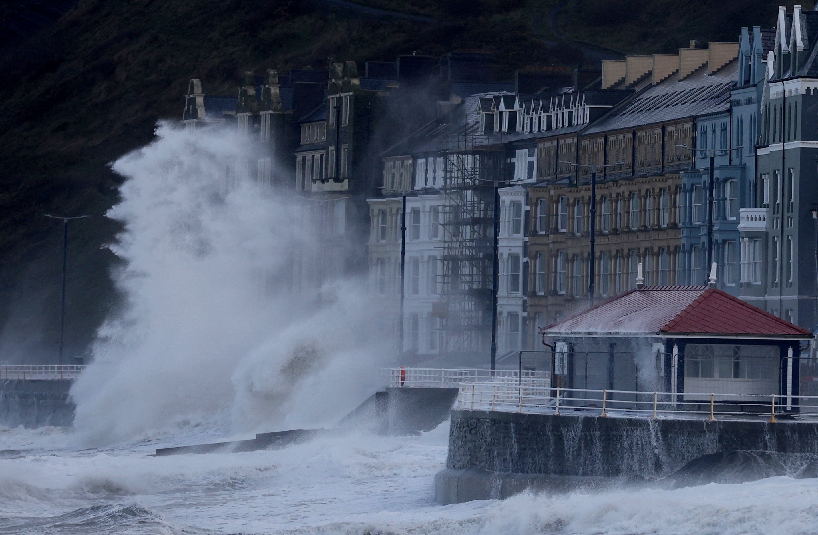 Waves caused by Storm Eunice break over Aberystwyth promenade