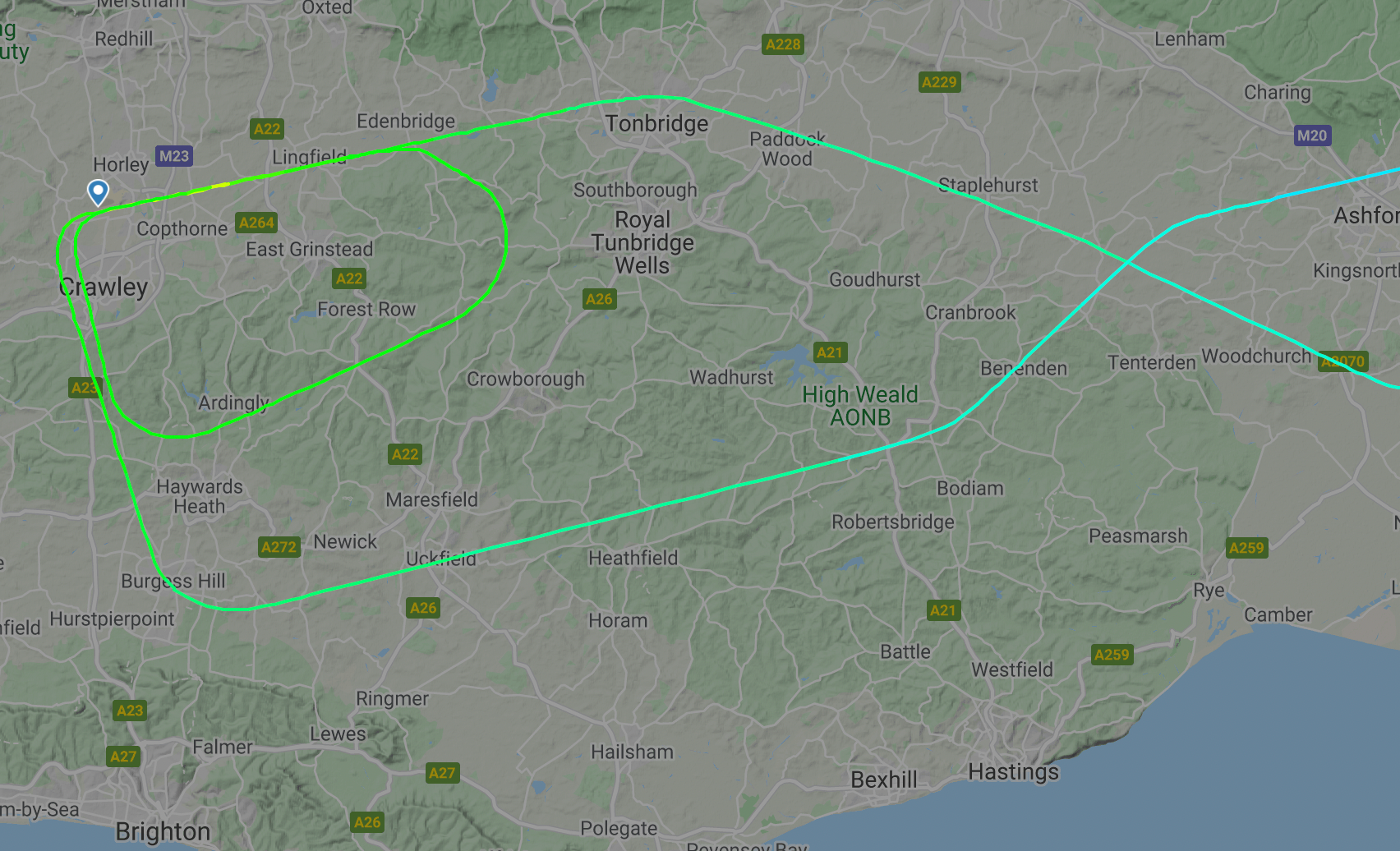 Round trip: the flight path of the Norwegian jet from Helsinki to Gatwick