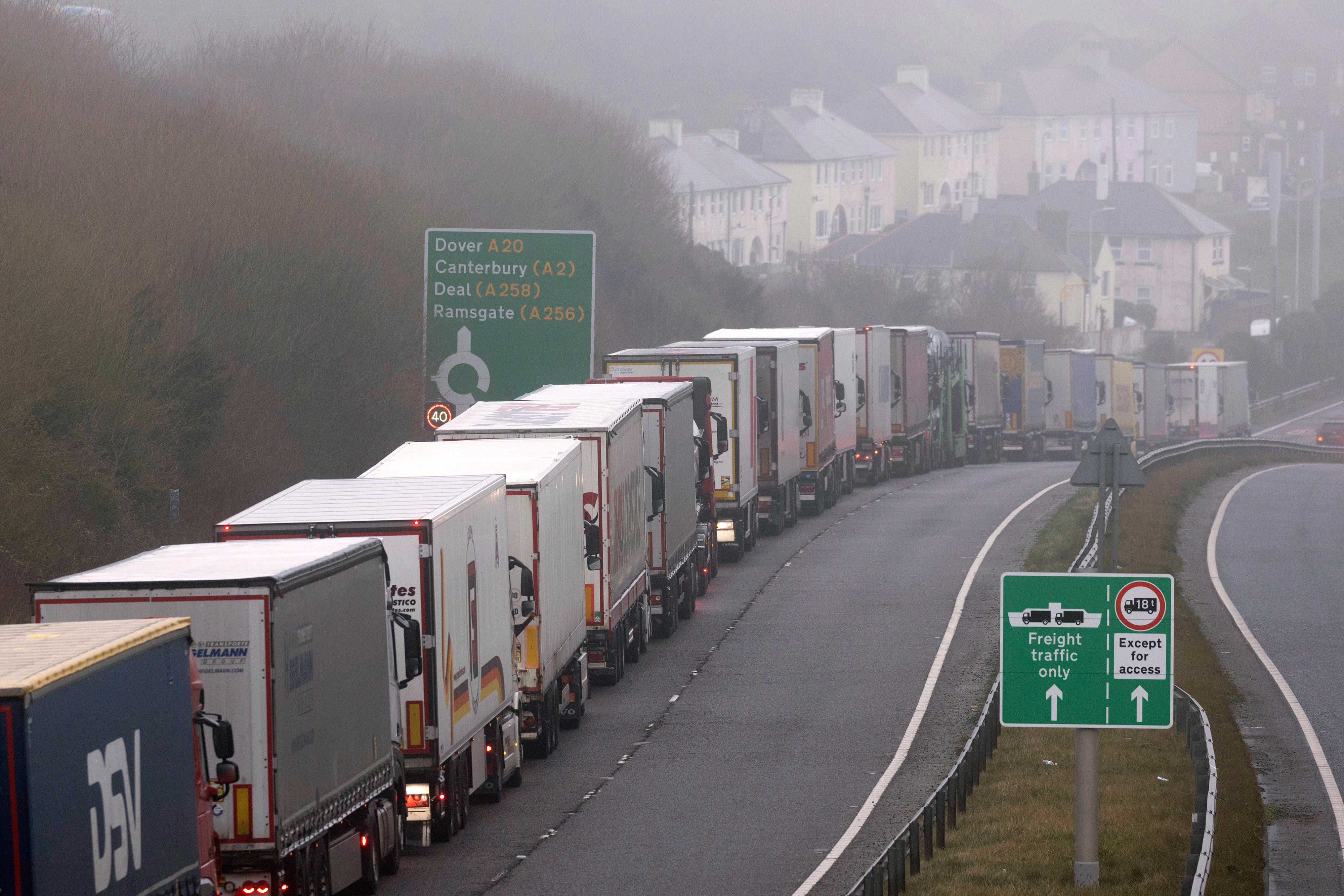 Lorries queue outside Dover Port last month