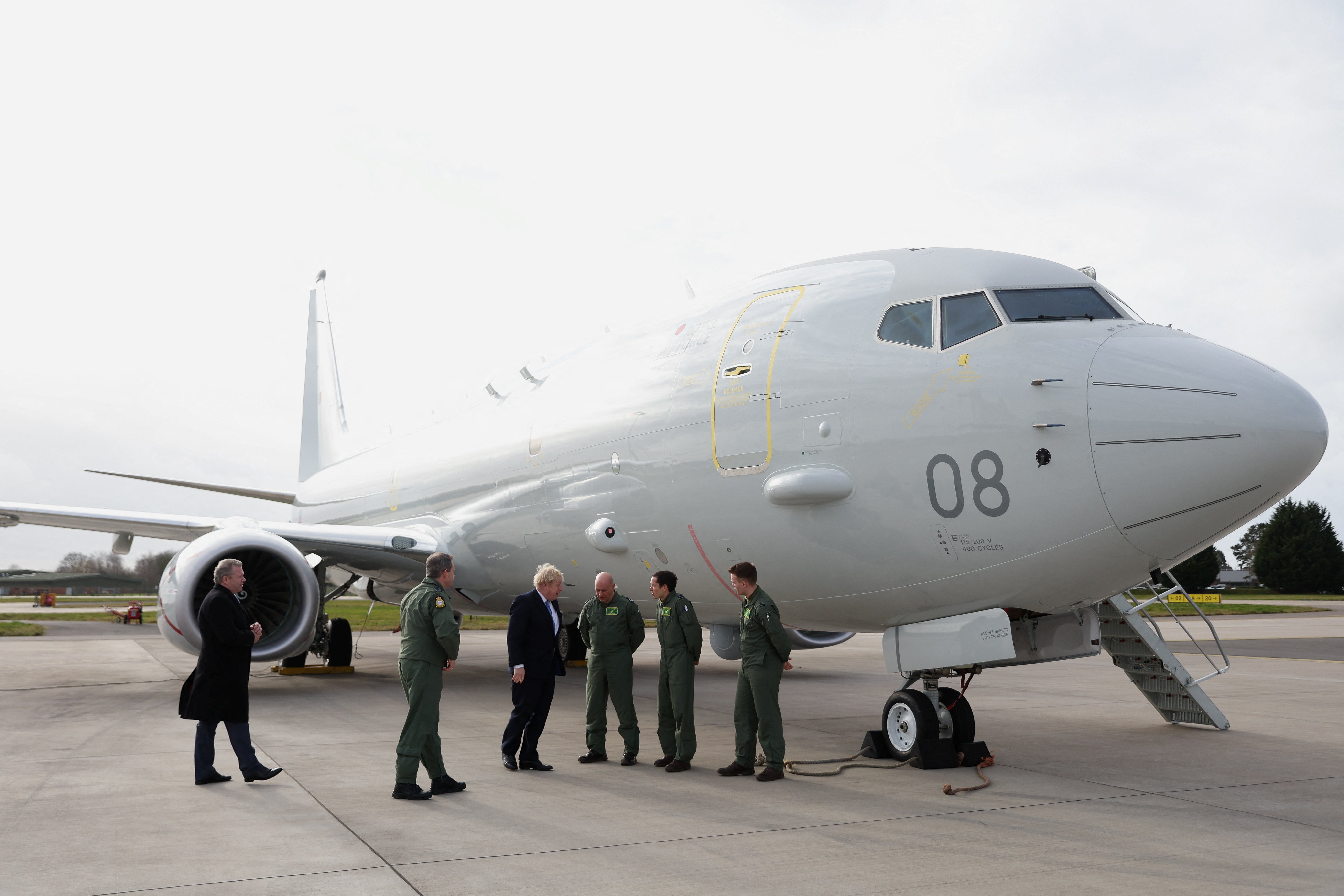 Prime Minister Boris Johnson at RAF Waddington, in front of an aircraft flown from RAF Lossiemouth in Scotland (Carl Recine/PA)