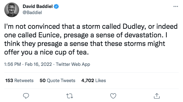 David Baddiel tweeted about Storms Dudley and Eunice