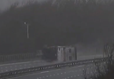 The lorry on its side after the crash