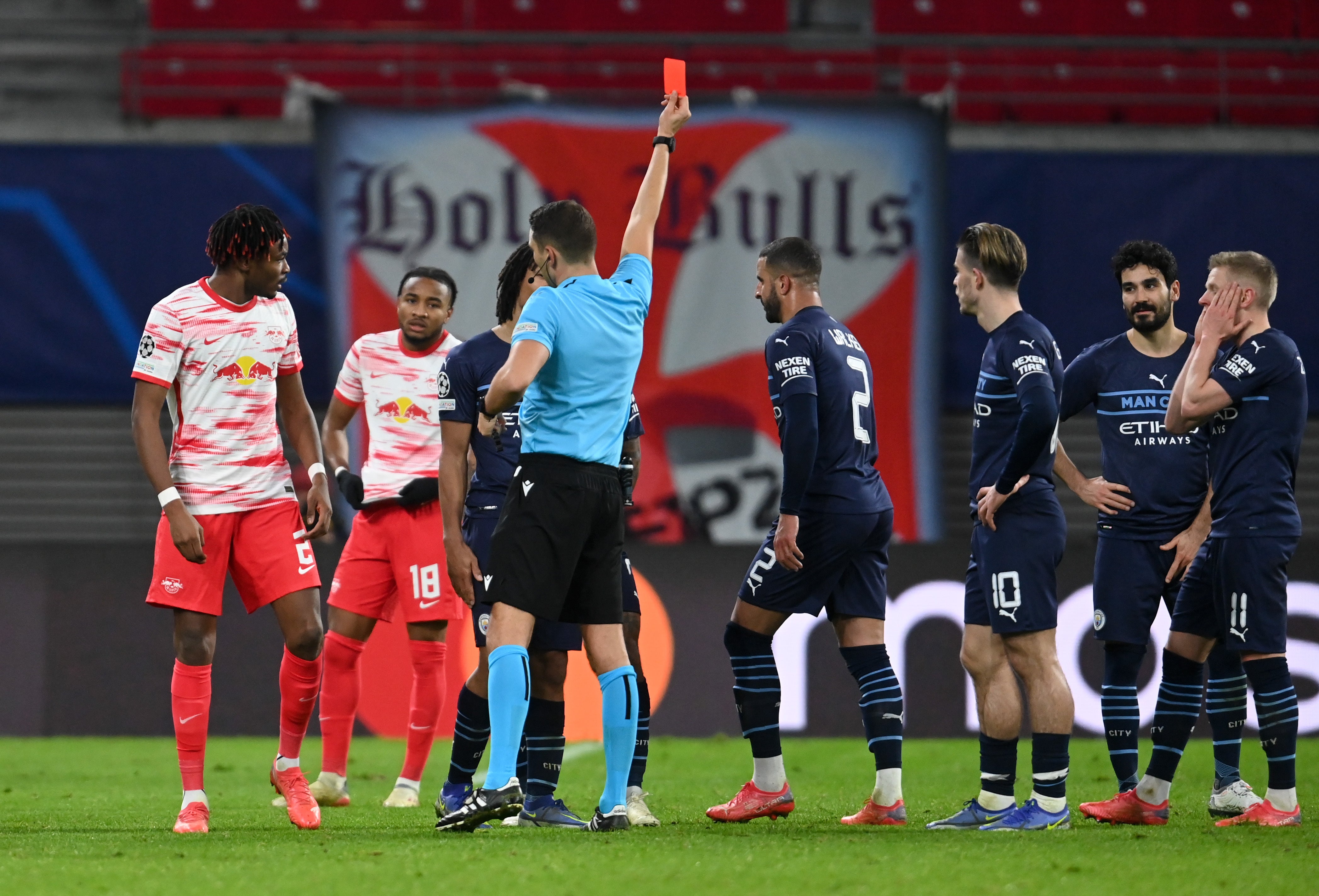 Kyle Walker was sent off during Manchester City’s 2-1 defeat to RB Leipzig in December(DPA/PA)