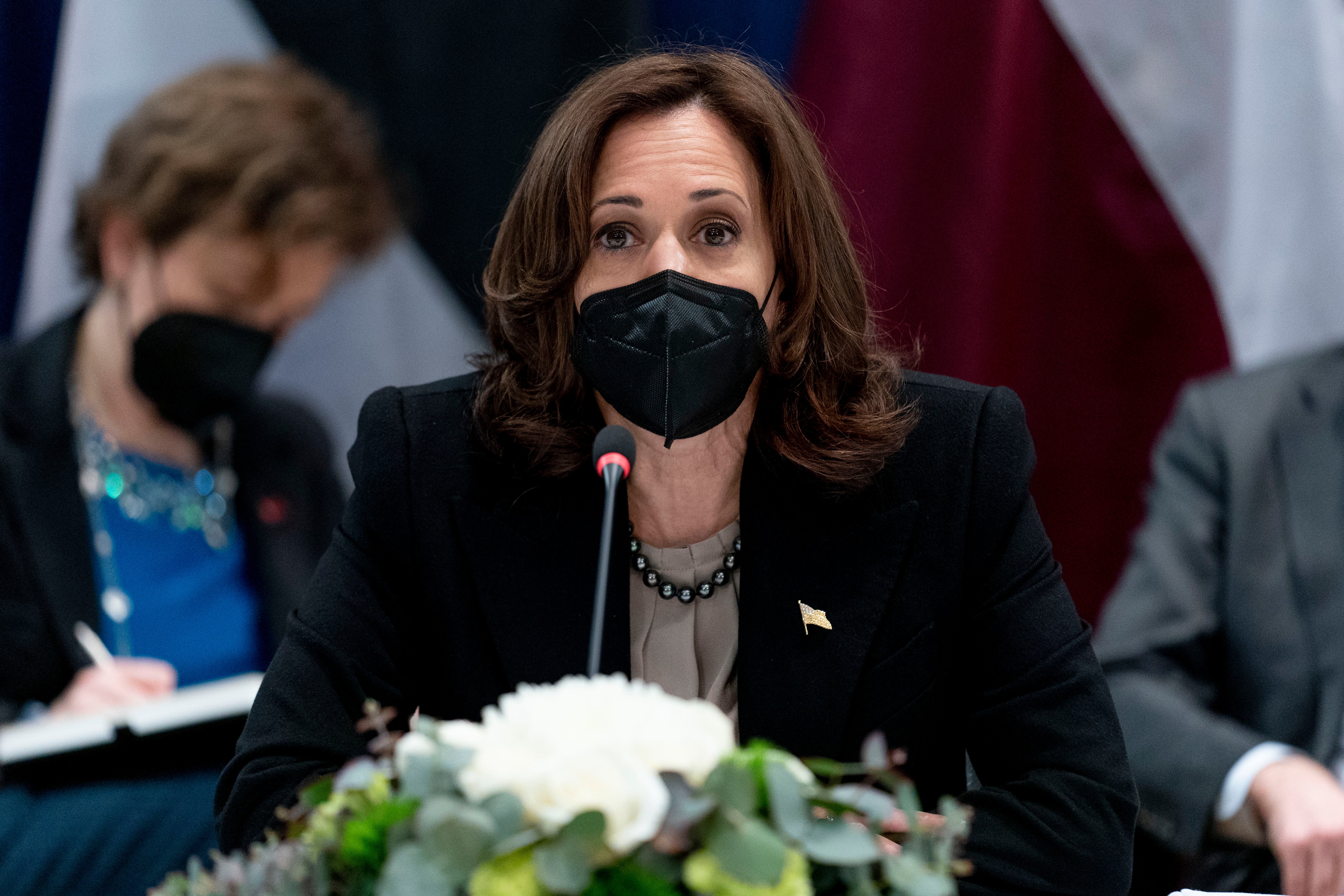 Vice President Kamala Harris speaks during a meeting with Estonia's Prime Minister Kaja Kallas, Latvian President Egils Levits, and Lithuanian President Gitanas Nauseda, during the Munich Security Conference in Munich, Friday, Feb. 18, 2022