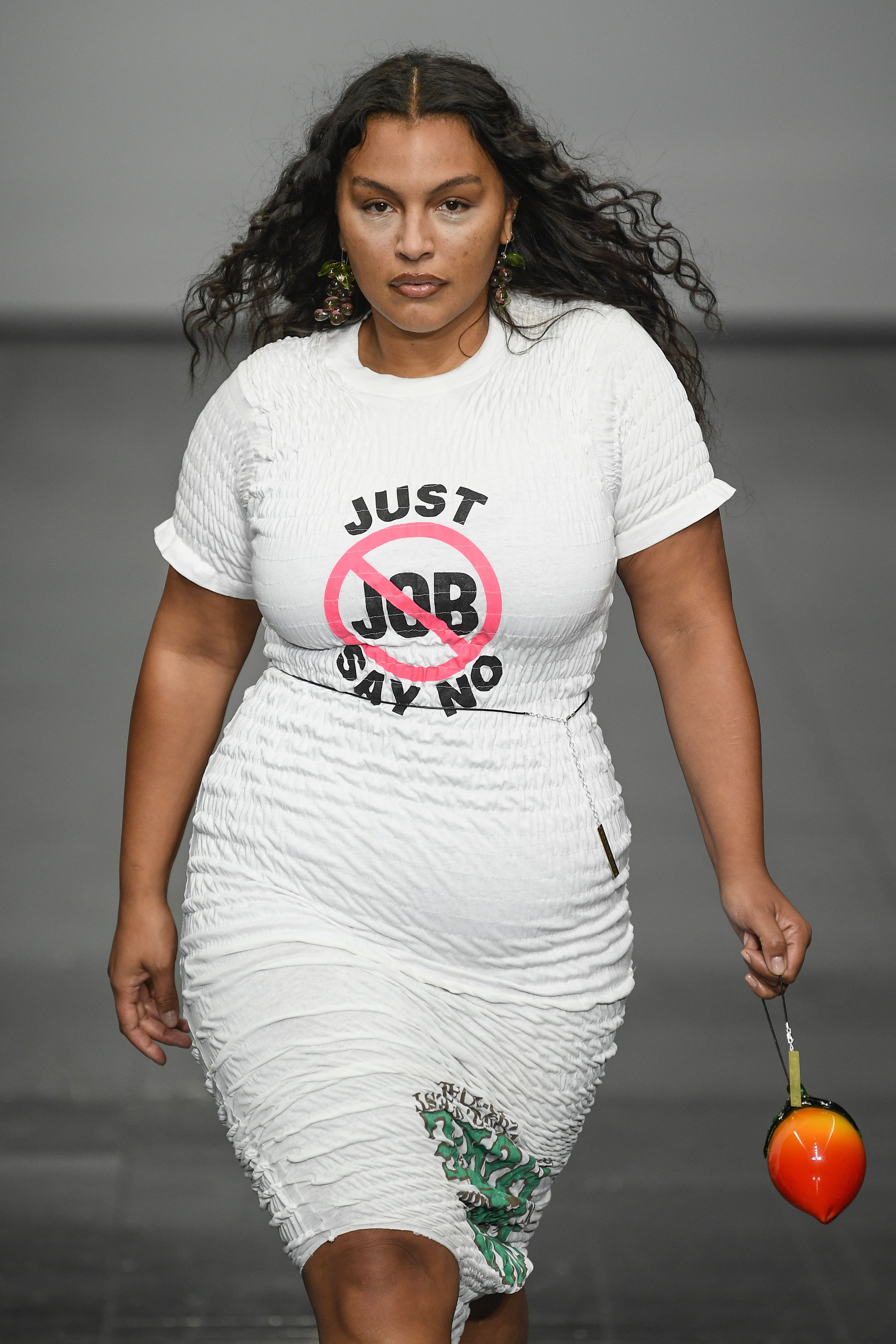 Paloma Elsesser walking in the Conner Ives show