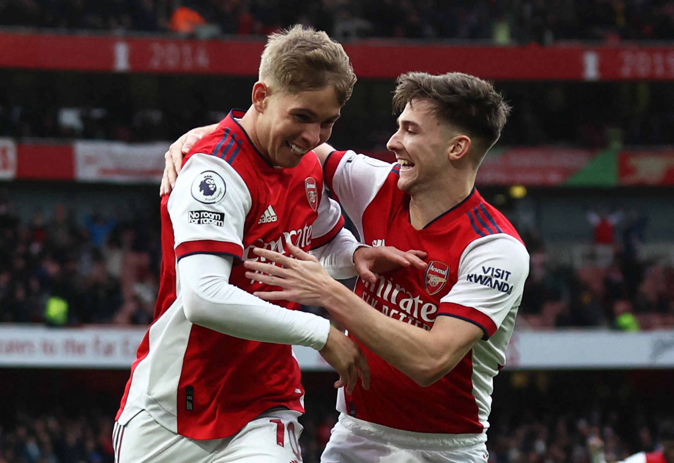 Emile Smith Rowe celebrates the opener with Kieran Tierney