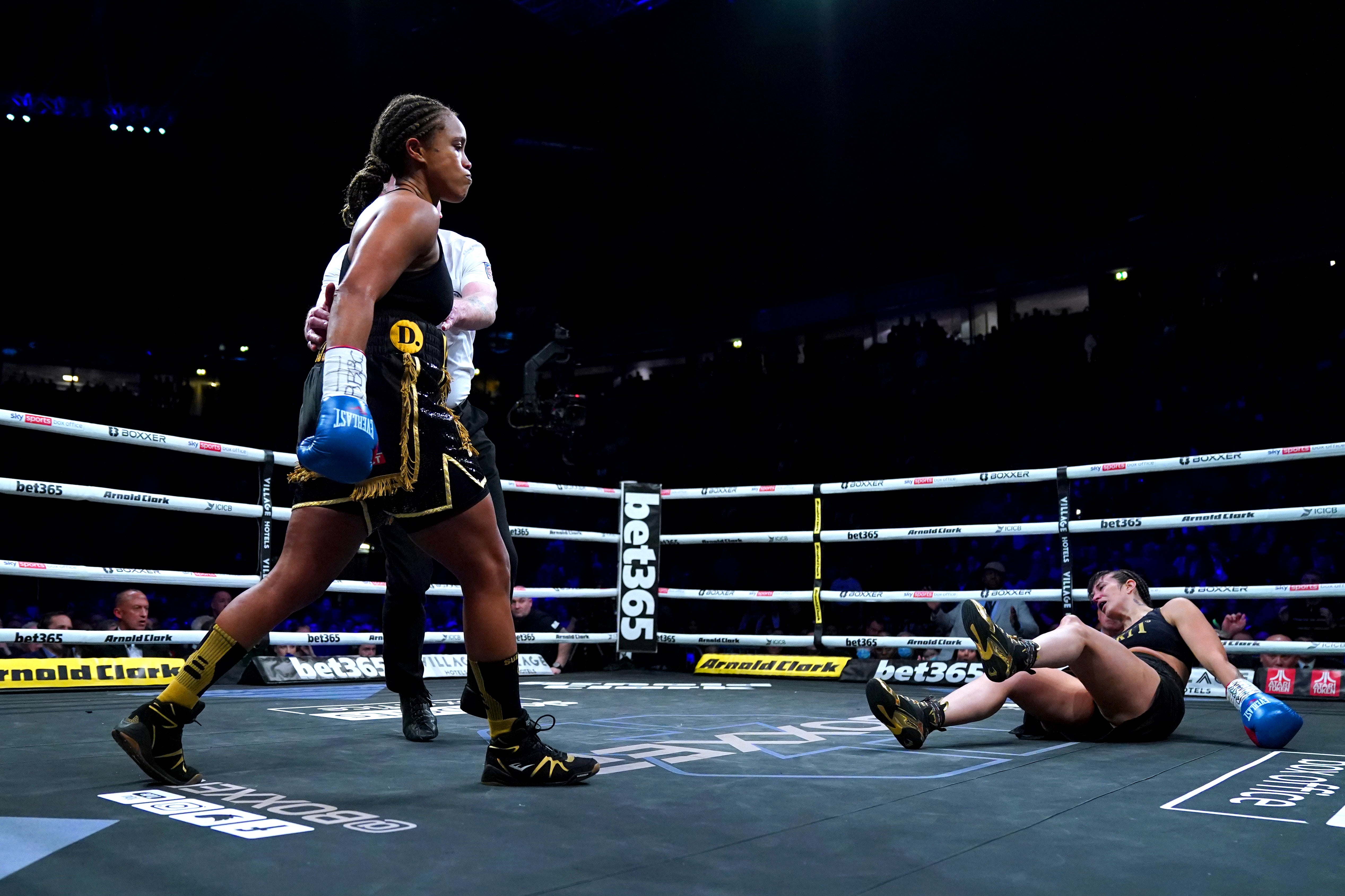 Natasha Jonas (left) wasted little time in seeing off the challenge of Chris Namus (Nick Potts/PA)