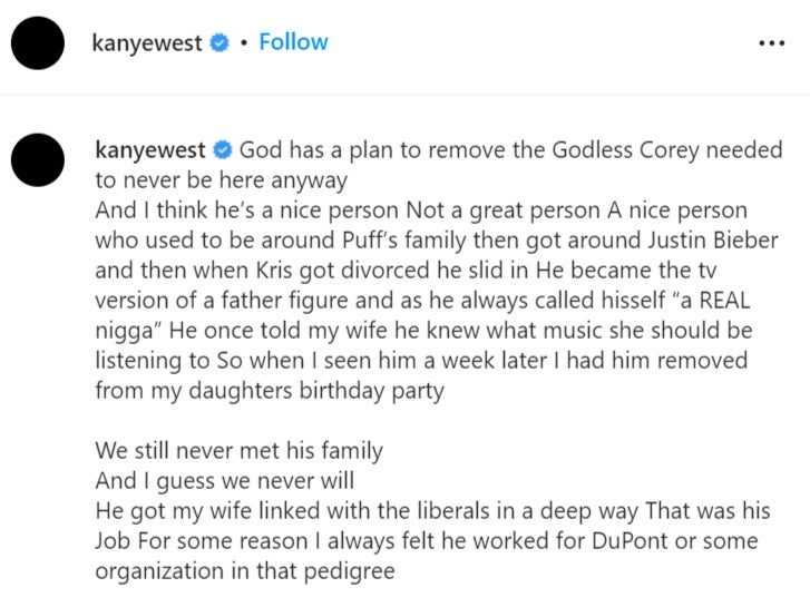 A screenshot of Kanye West’s Instagram post about Corey Gamble