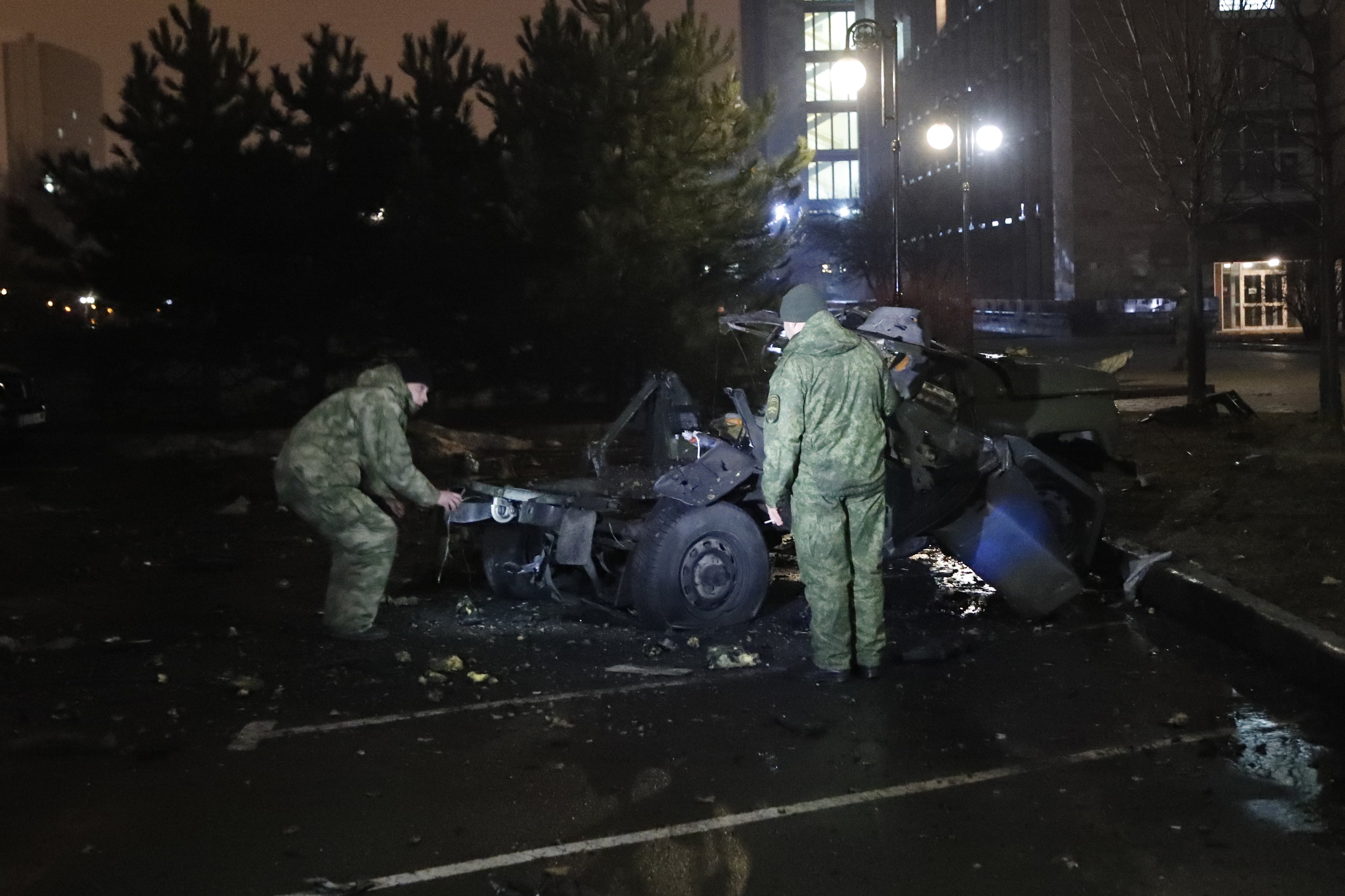 The scene of the explosion of a car in the centre of pro-Russian separatist-controlled city of Donetsk on Friday