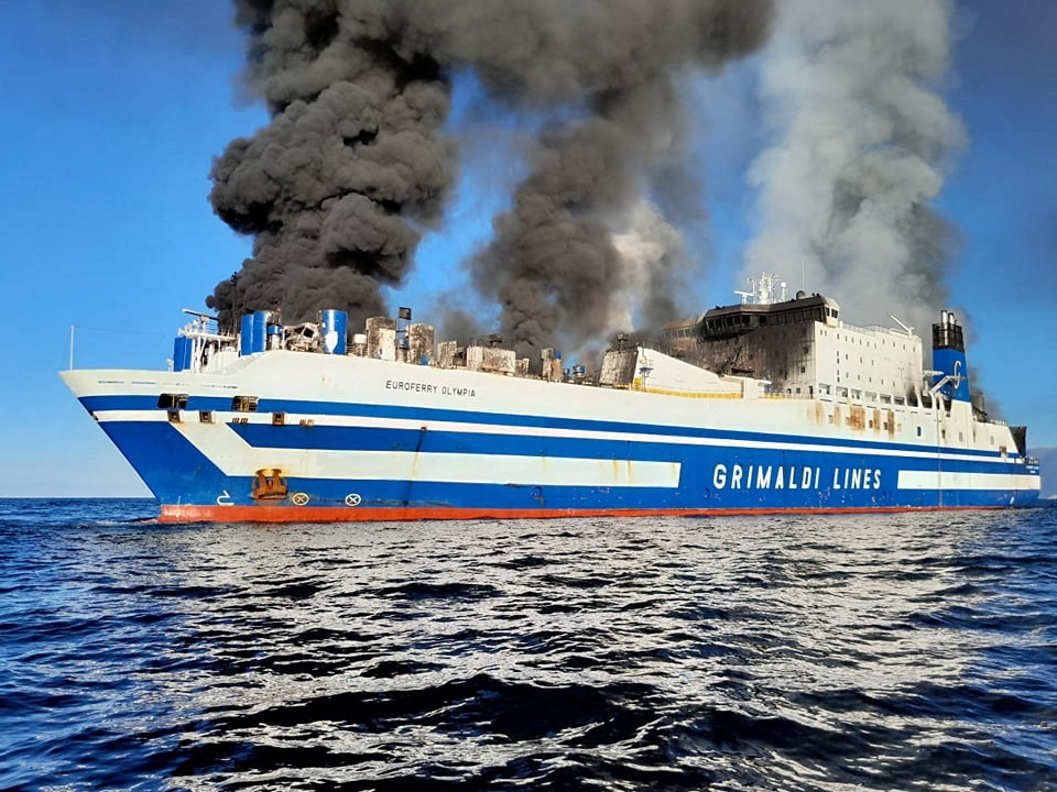 Smoke rises from the Italian-owned Euroferry Olympia