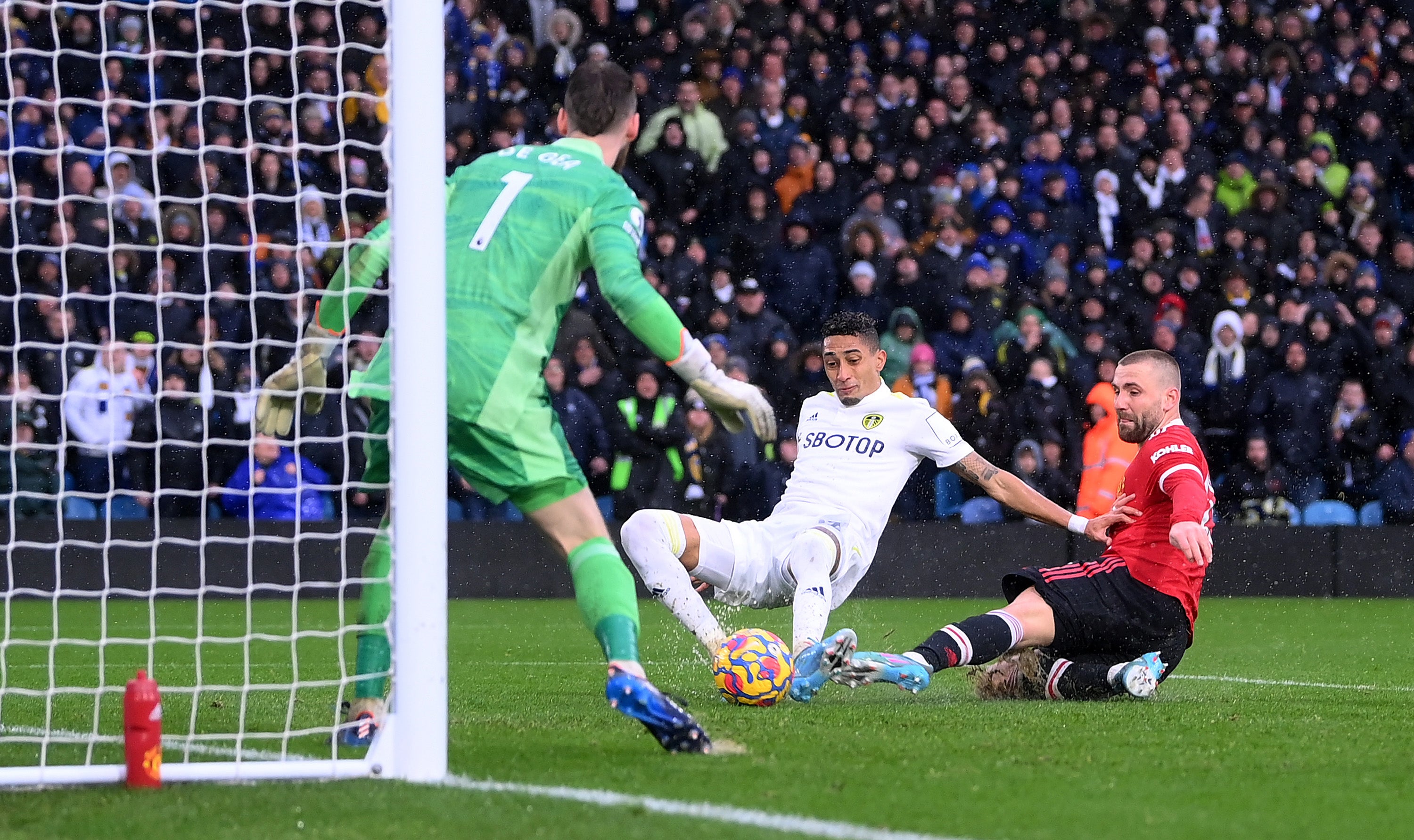 Raphinha of Leeds United scores