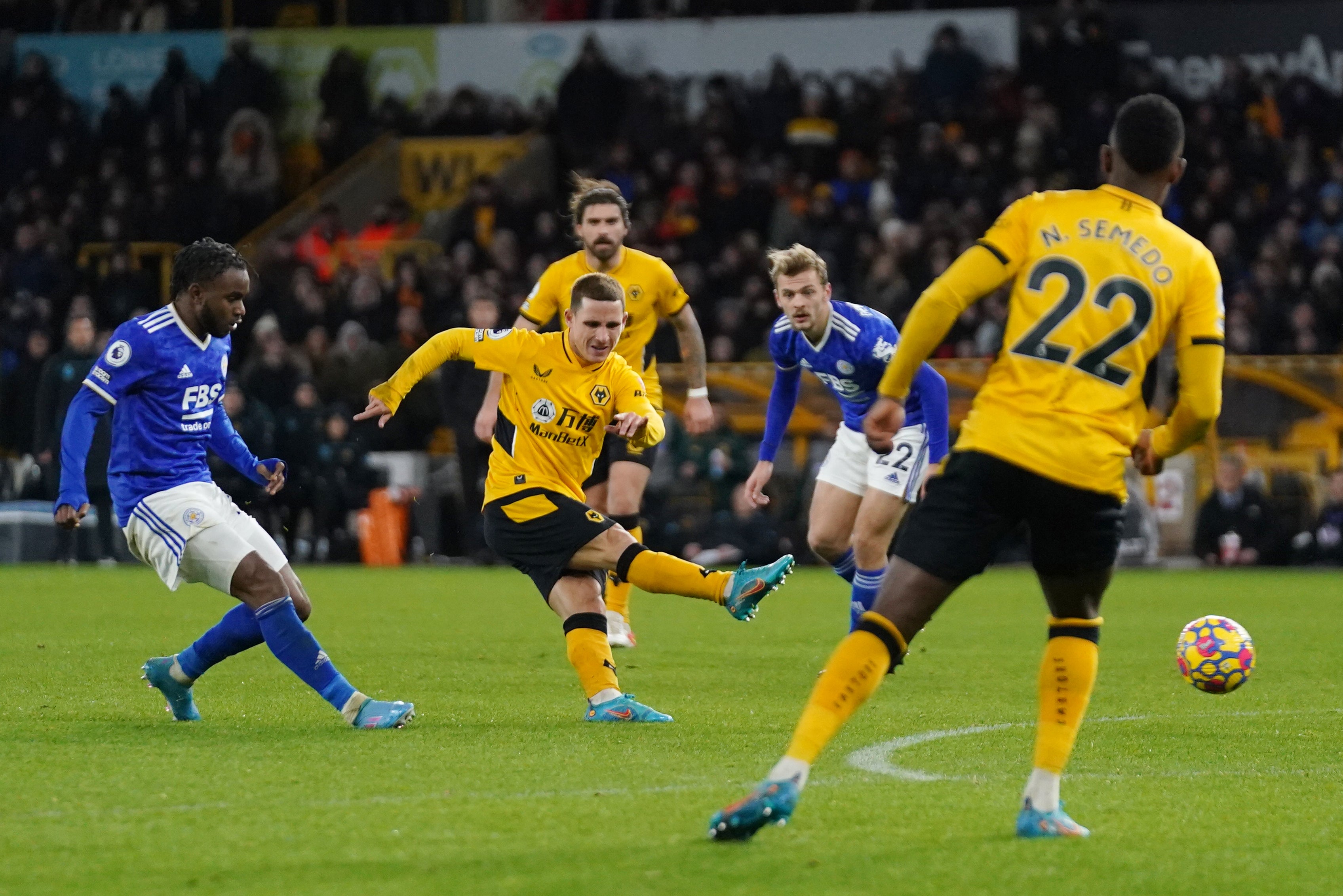 Daniel Podence scores Wolves’ second (Tim Goode/PA)