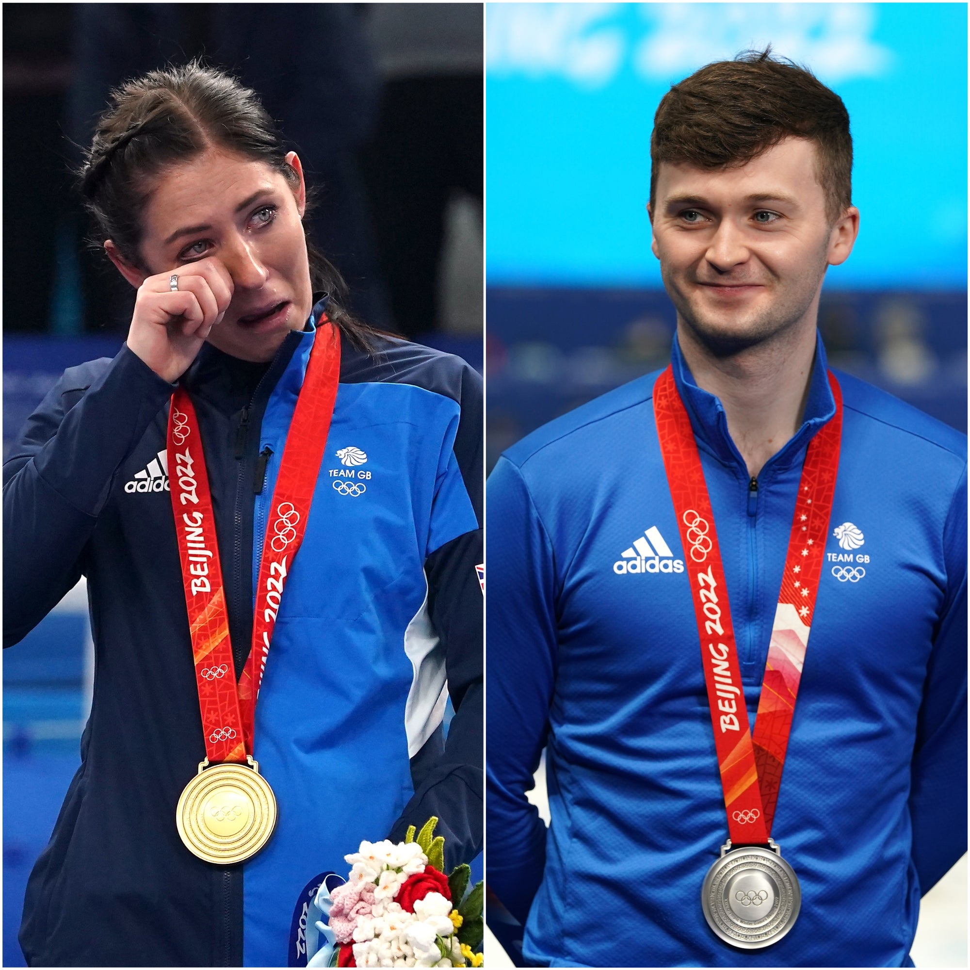 Eve Muirhead, left, and Bruce Mouat celebrate Britain’s only Beijing medals (Andrew Milligan/PA)