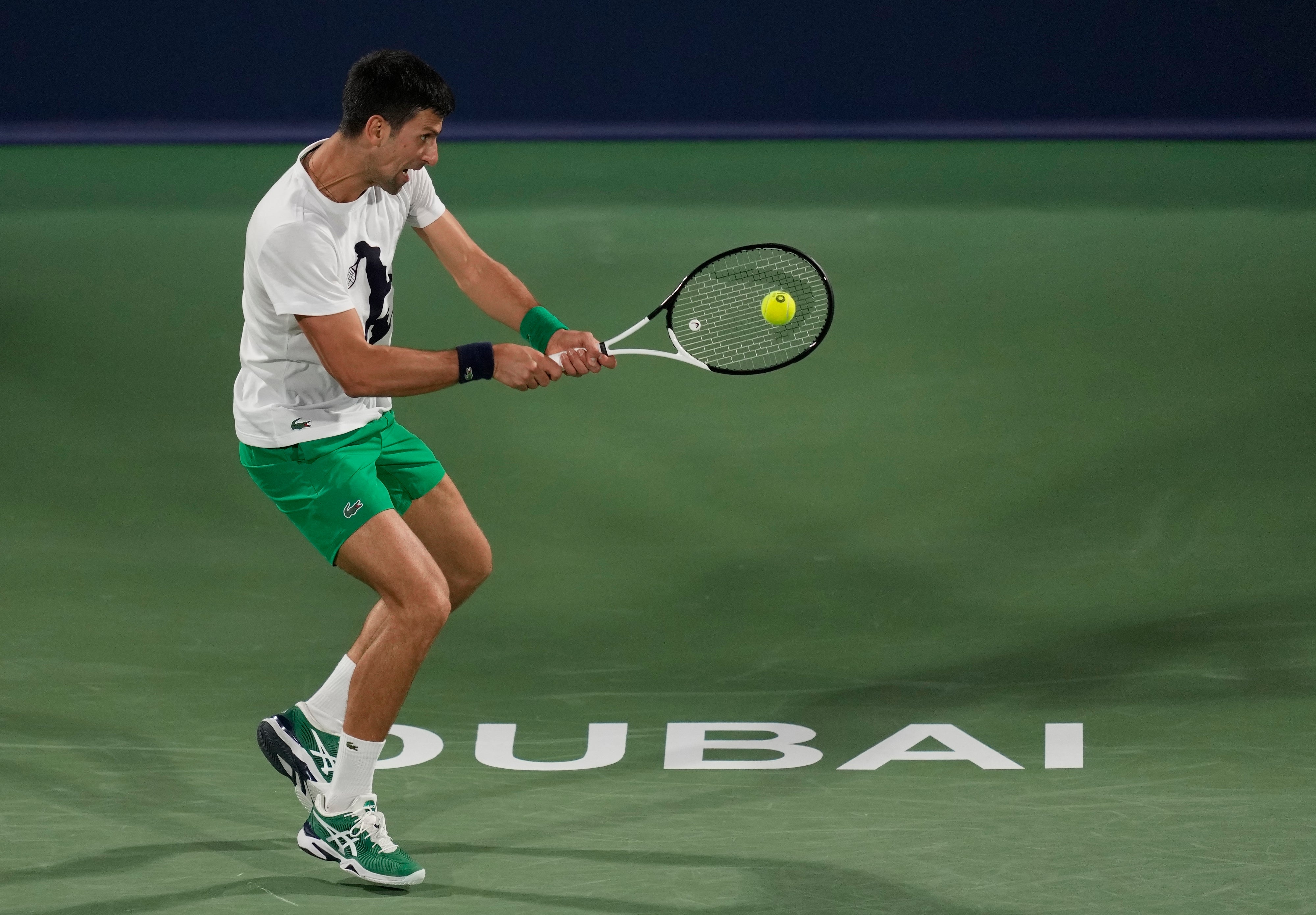 Novak Djokovic of Serbia practice ahead of the Dubai Duty Free Tennis Championships