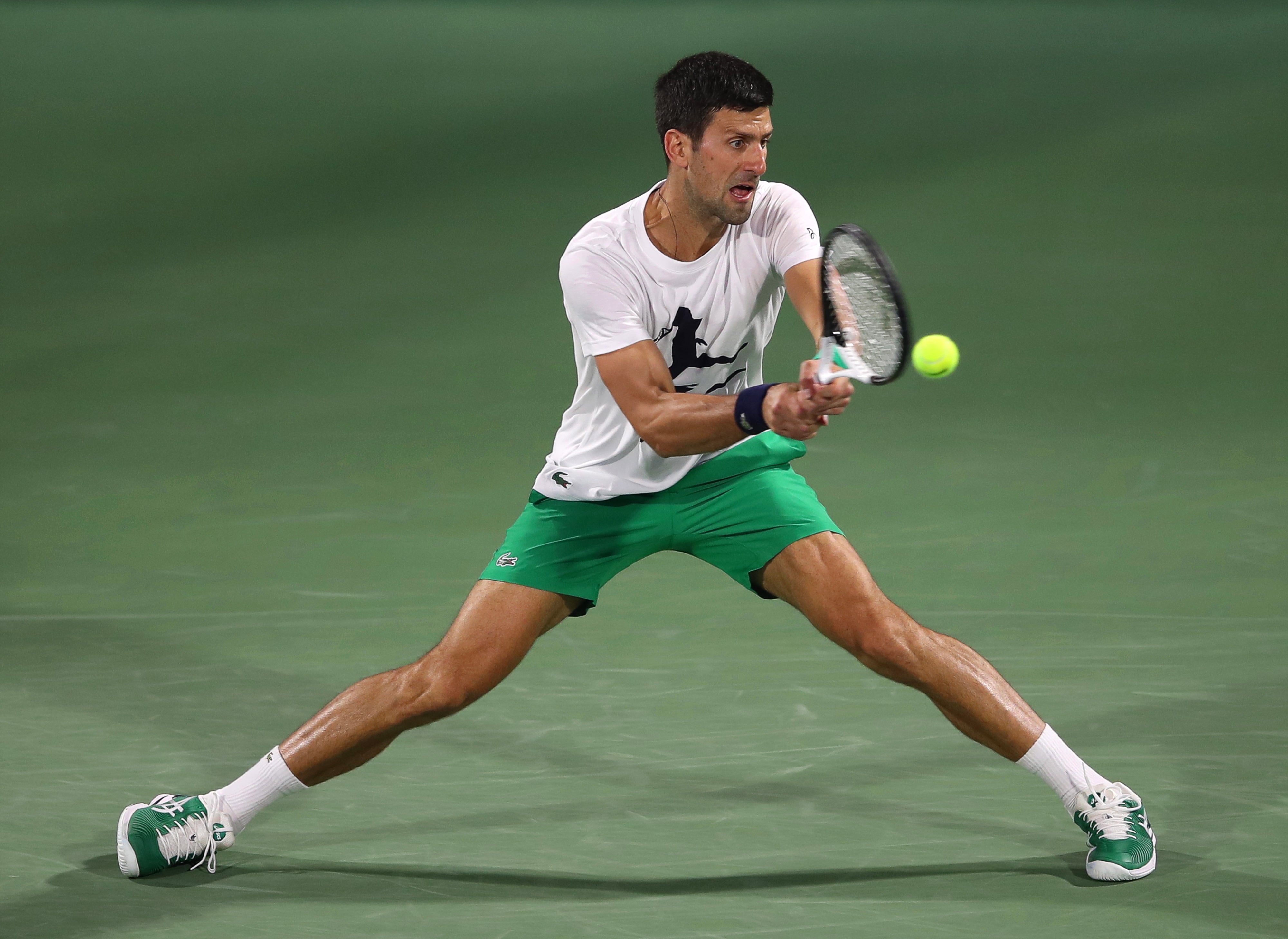 Novak Djokovic of Serbia practice ahead of the Dubai Duty Free Tennis Championships