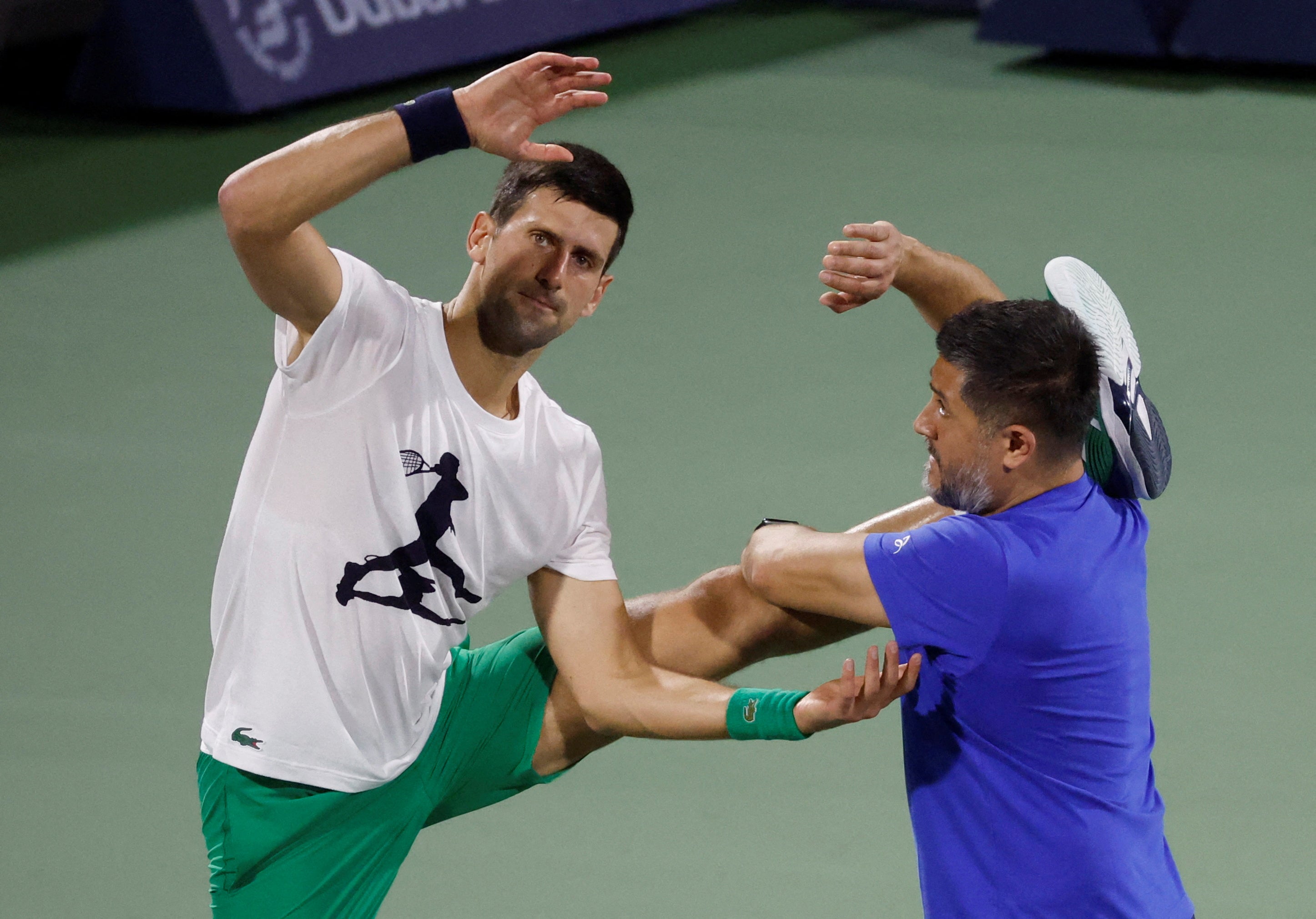 Novak Djokovic of Serbia practice ahead of the Dubai Duty Free Tennis Championships