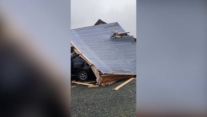 Storm Eunice: Shell of cabins remains after roof torn clean off during strong winds