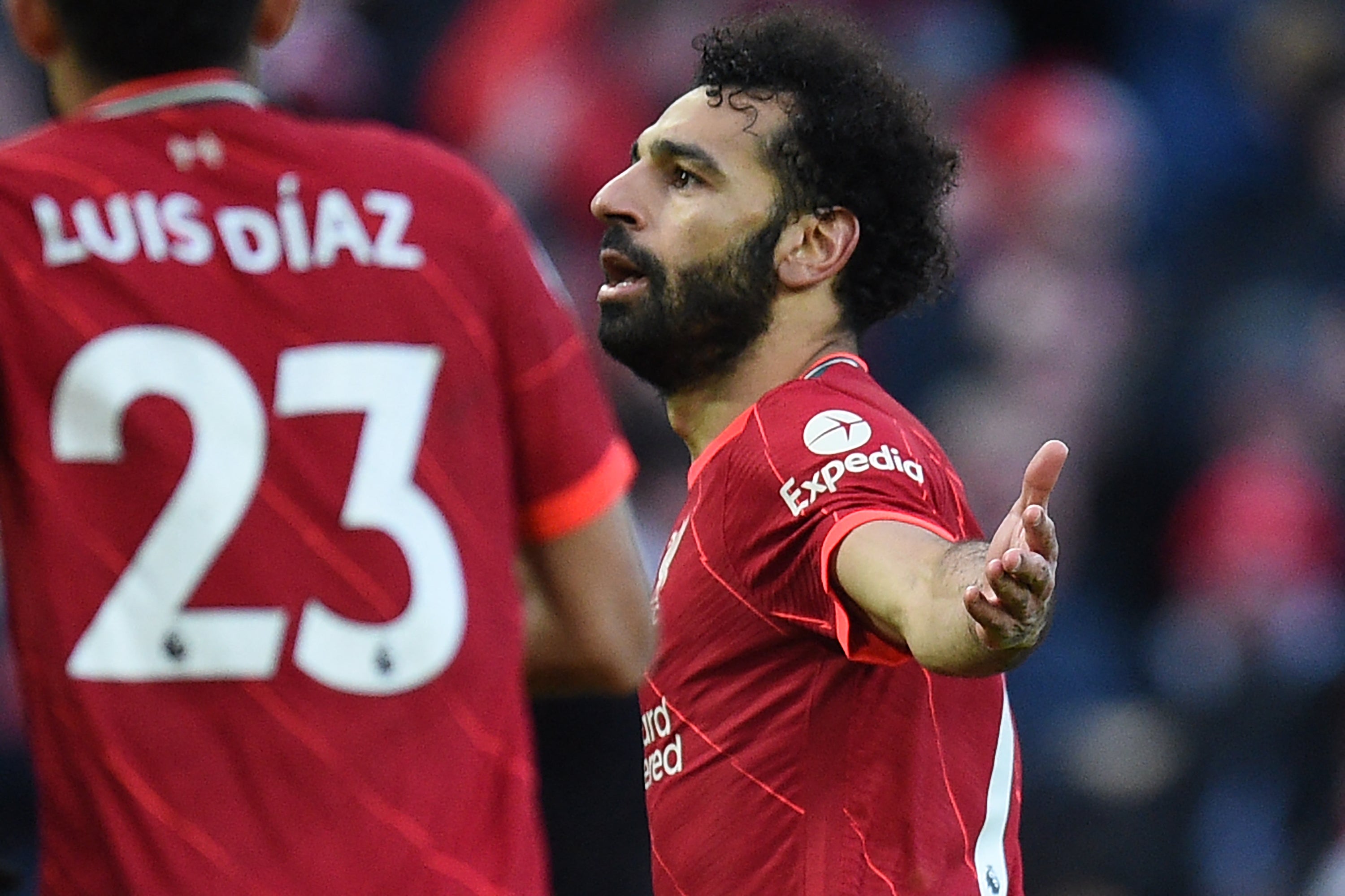 Mohamed Salah celebrates after scoring in Liverpool’s win over Norwich at the weekend