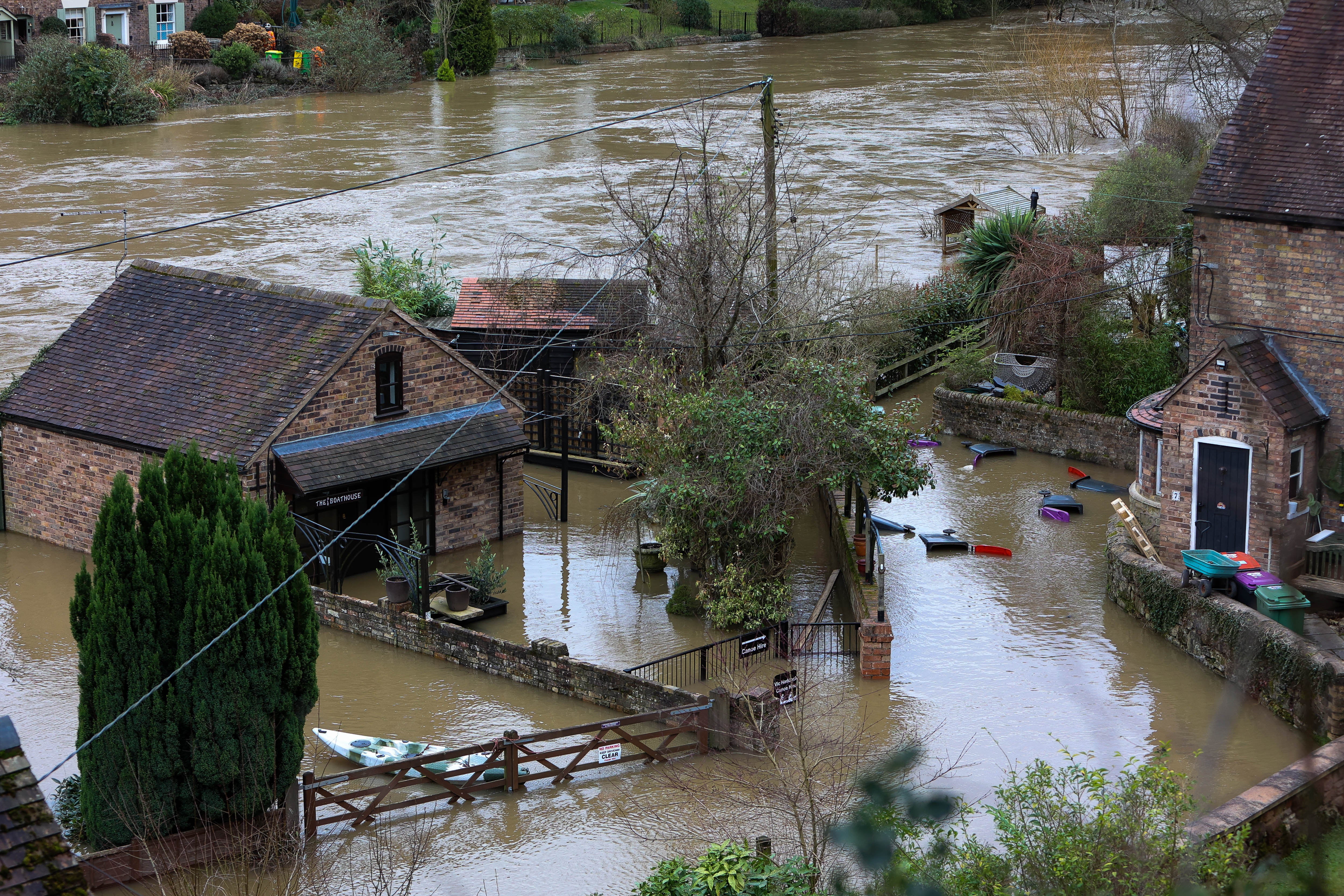 Houses in Ironbridge surrounded by floodwater