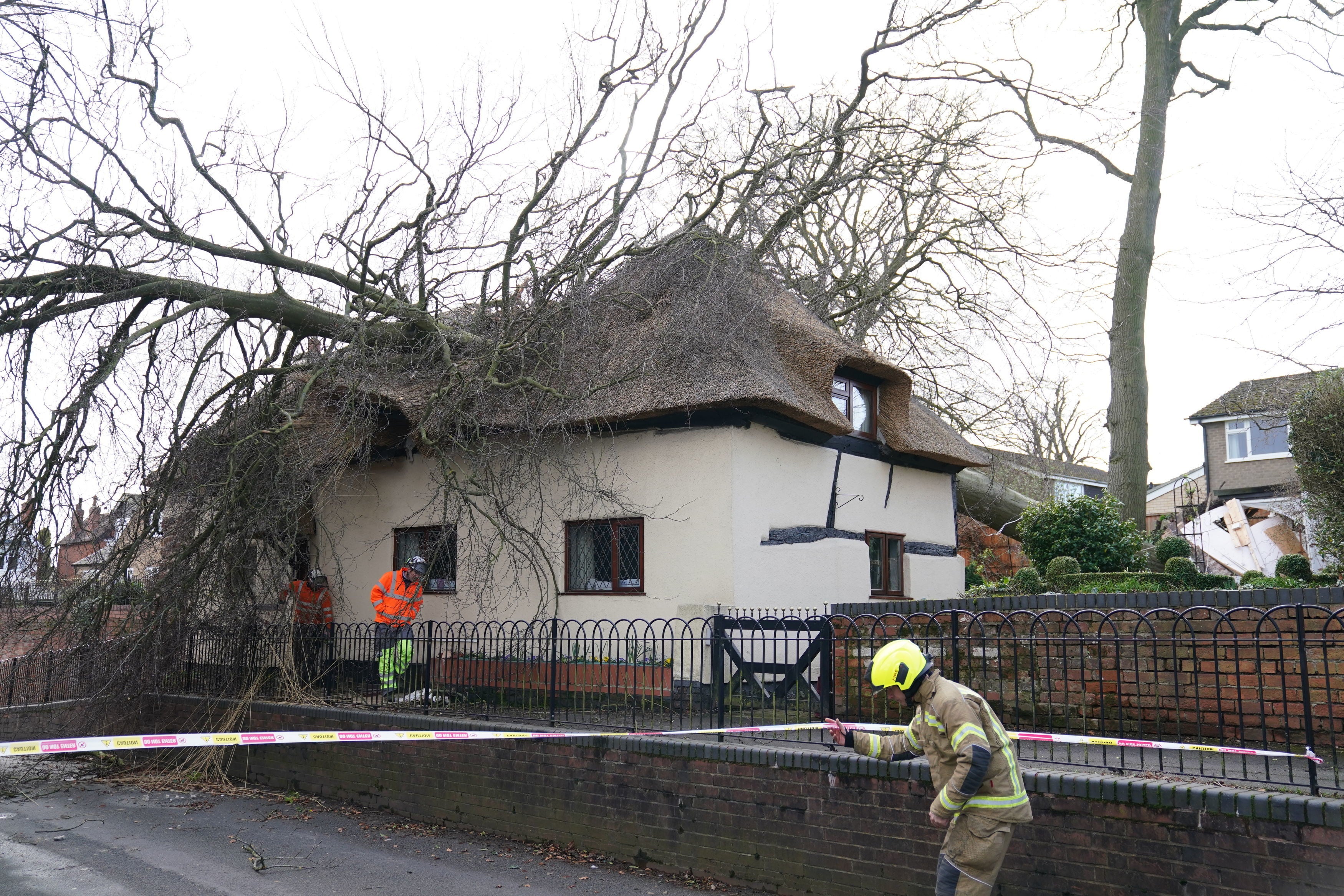 A tree which has fallen into a thatched cottage in Ashby de la Zouch, Leicestershire after heavy winds.