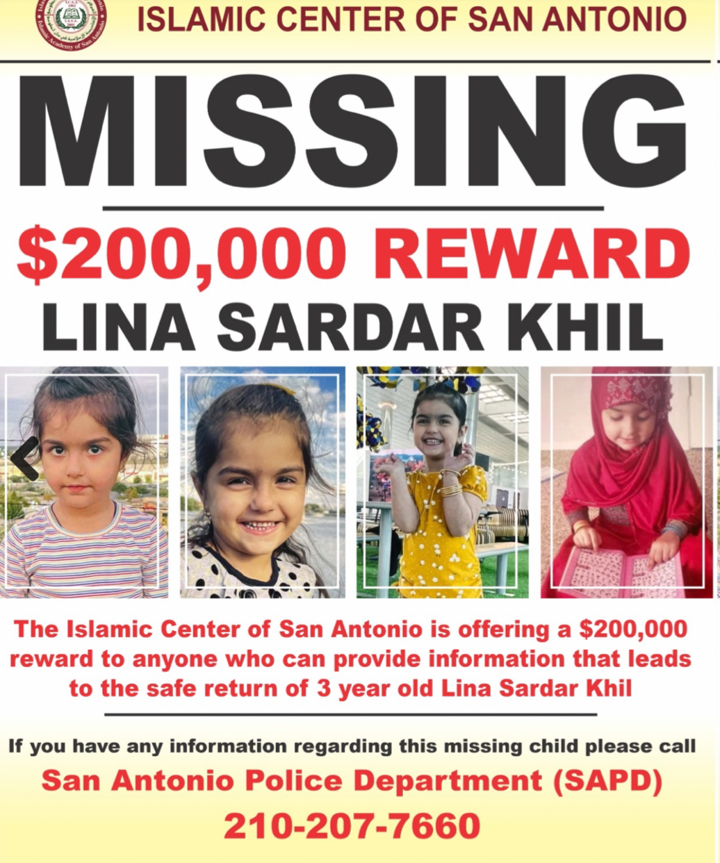 A $250,000 reward from the San Antonio Islamic Center and Crime Stoppers is being offered for Lina Sardar Khil’s safe return