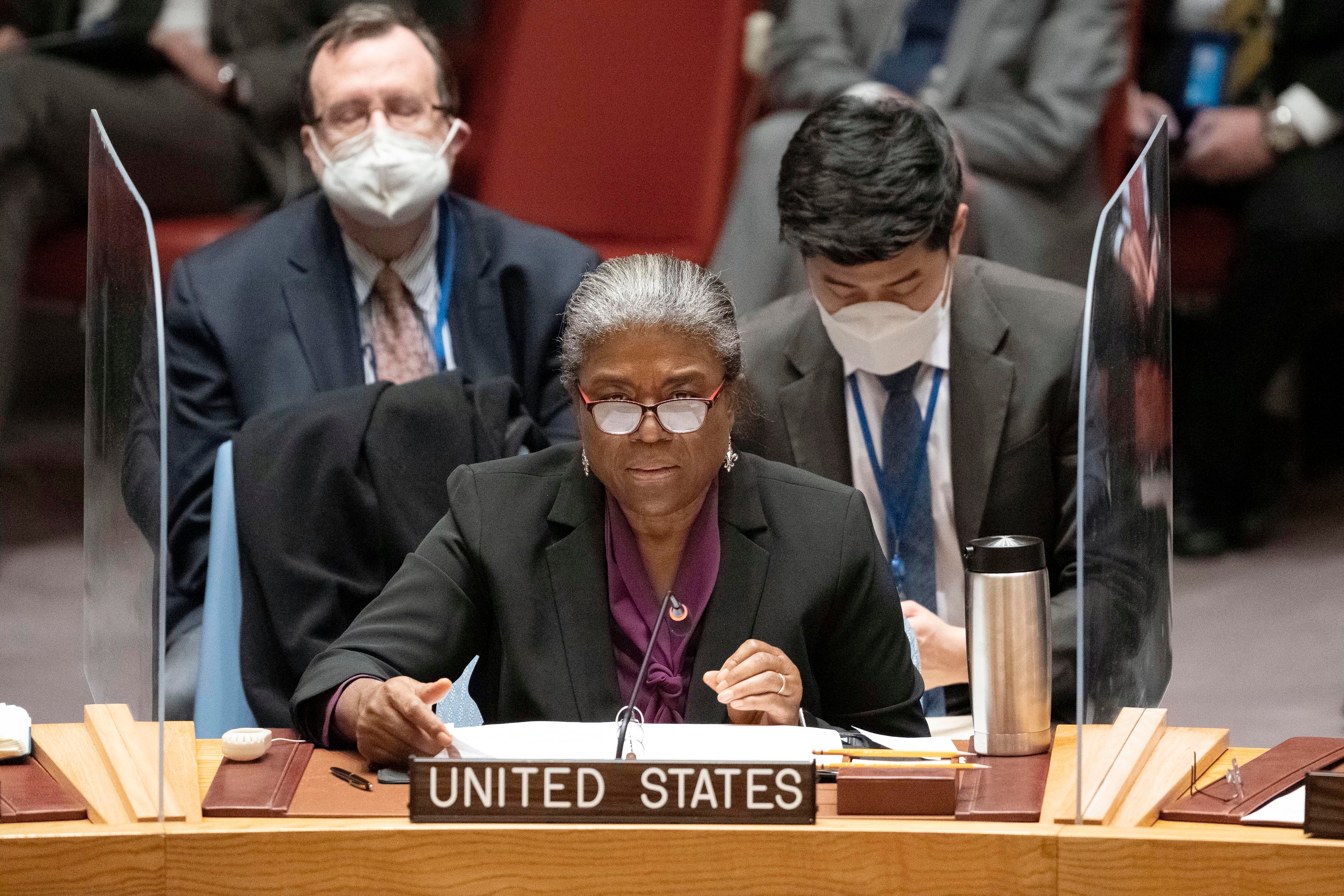 In this image provided by the United Nations, U.S. Ambassador to the United Nations Linda Thomas-Greenfield speaks during an emergency U.N. Security Council meeting on Ukraine, at the U.N. headquarters, Monday, Feb. 21, 2022. (Evan Schneider/United Nations via AP)