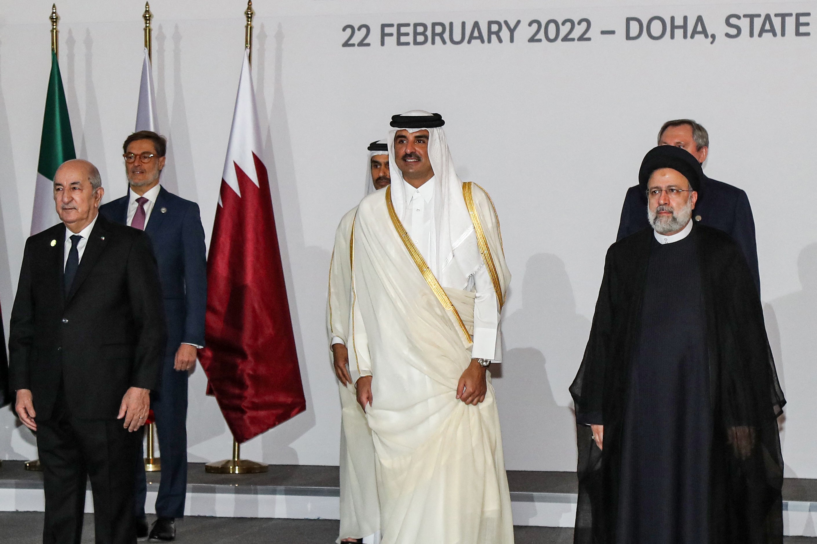 Algerian president Abdelmadjid Tebboune (centre) attends the Gas Exporting Countries Forum summit in Doha, Qatar, 22 February 2022