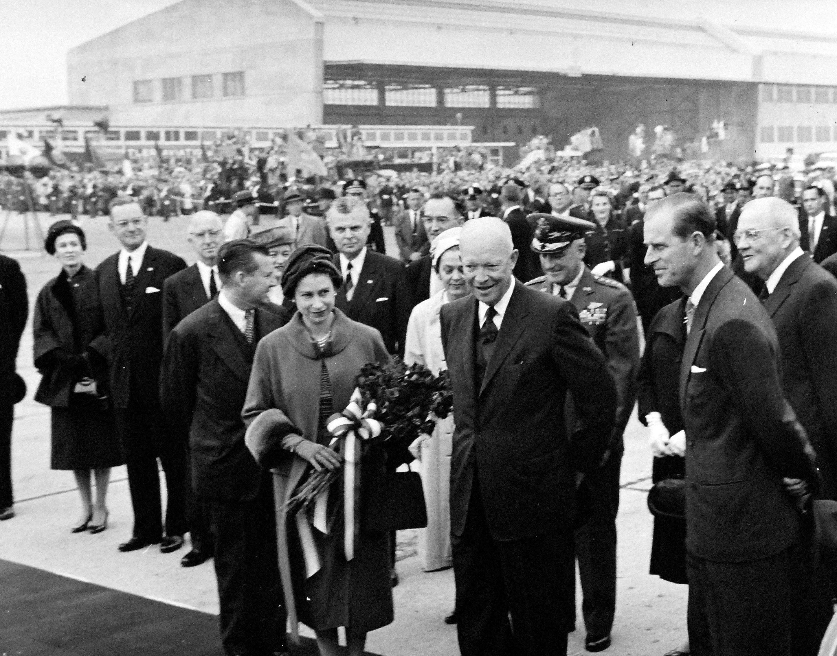 President Eisenhower talks to Queen Elizabeth and Prince Philip during her first state visit to the US in October 1957