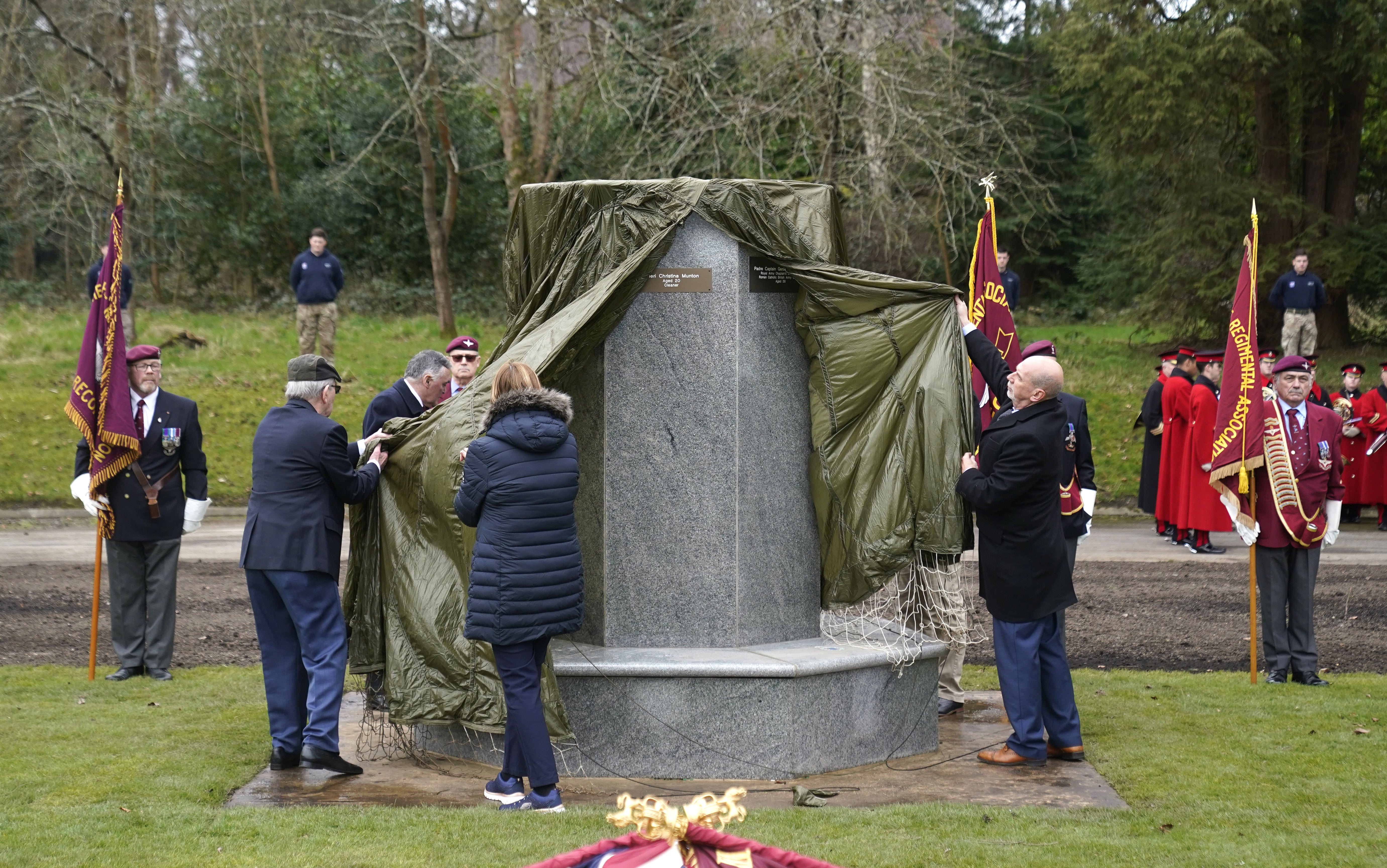 A memorial to mark the bombing of the HQ 16th Independent Parachute Brigade Officers’ Mess is unveiled at Aldershot Barracks, Hampshire (Andrew Matthews/PA)