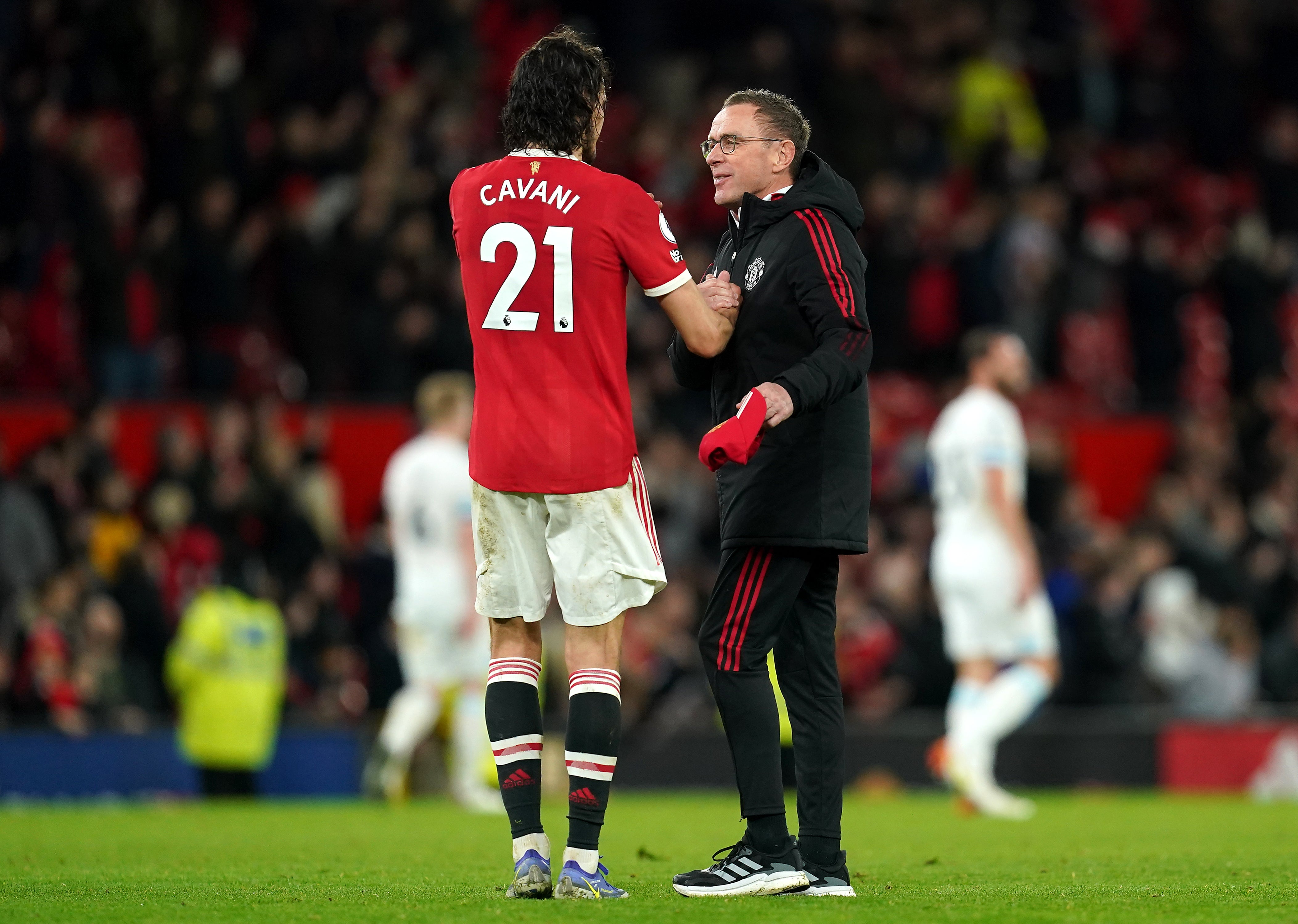 Ralf Rangnick (right) will be without Edinson Cavani in Madrid (Martin Rickett/PA)