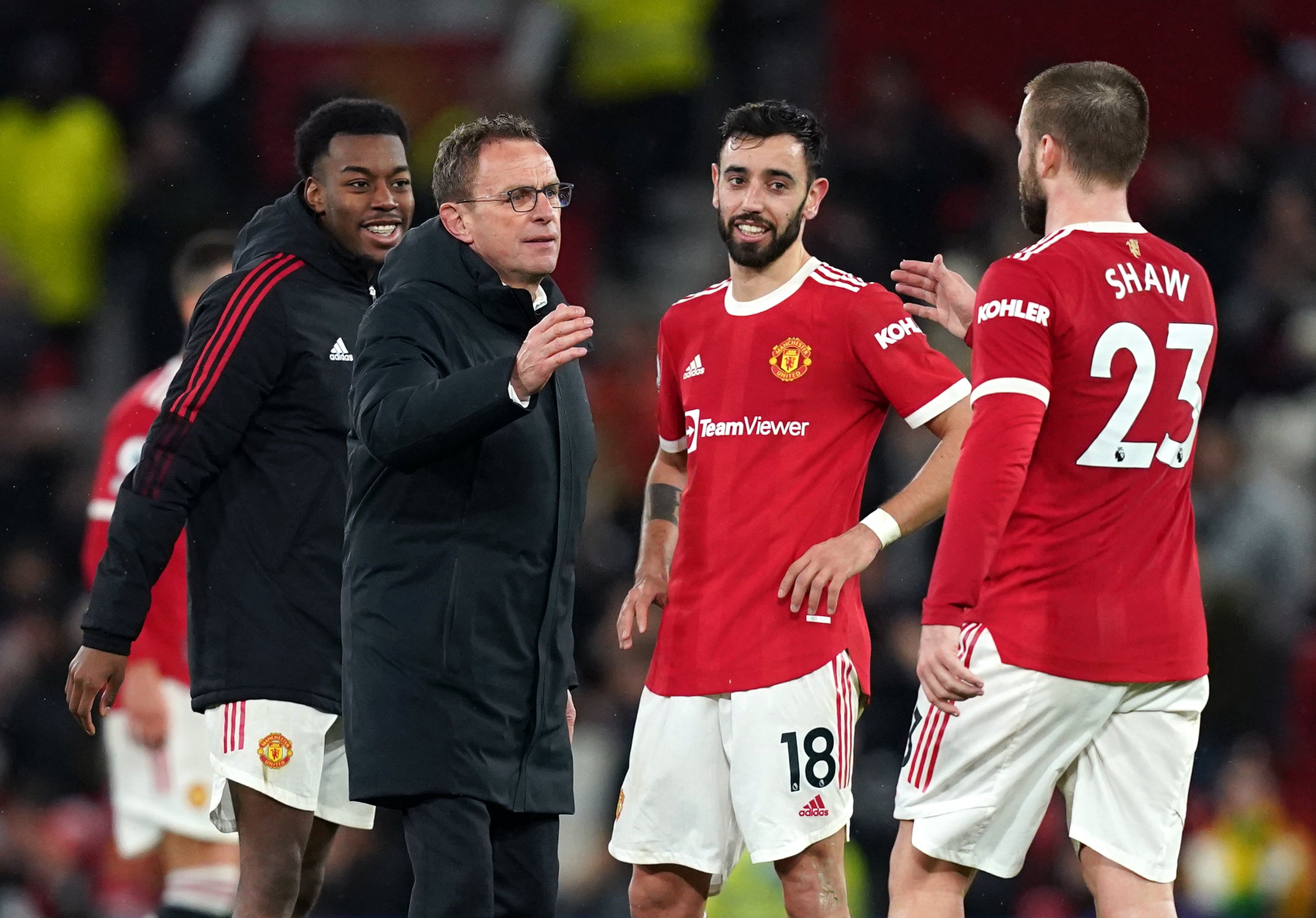 Bruno Fernandes (centre) believes Man Utd have more identity under Ralf Rangnick (Martin Rickett/PA)