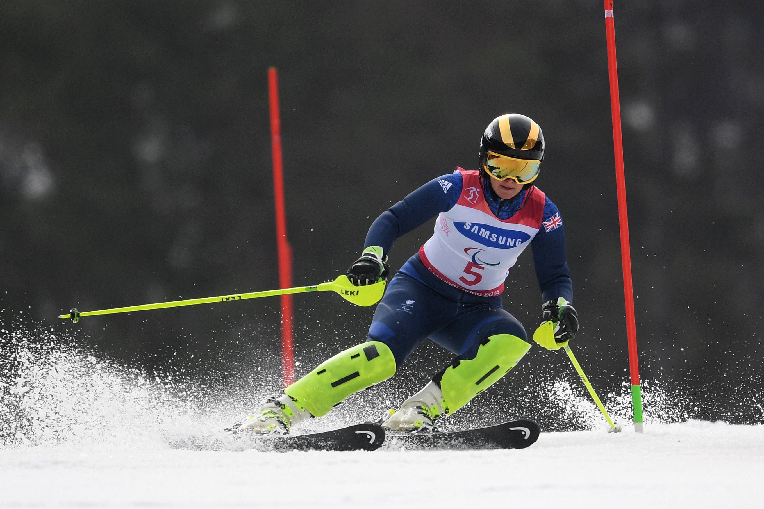 Millie Knight on her way to the bronze medal in the Women’s Slalom at PyeongChang 2018