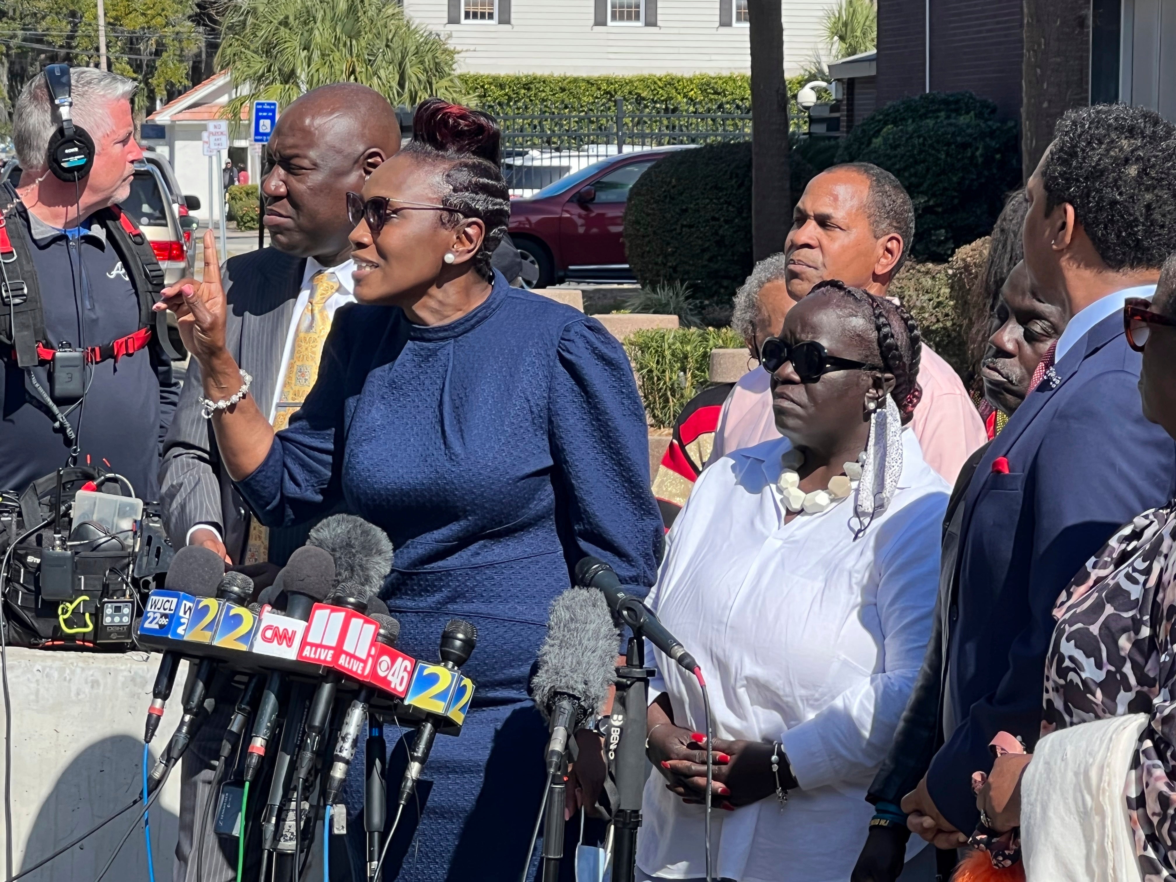 Ahmaud Arbery’s mother Wanda Cooper-Jones speaks outside the courthouse following Tuesday’s verdict