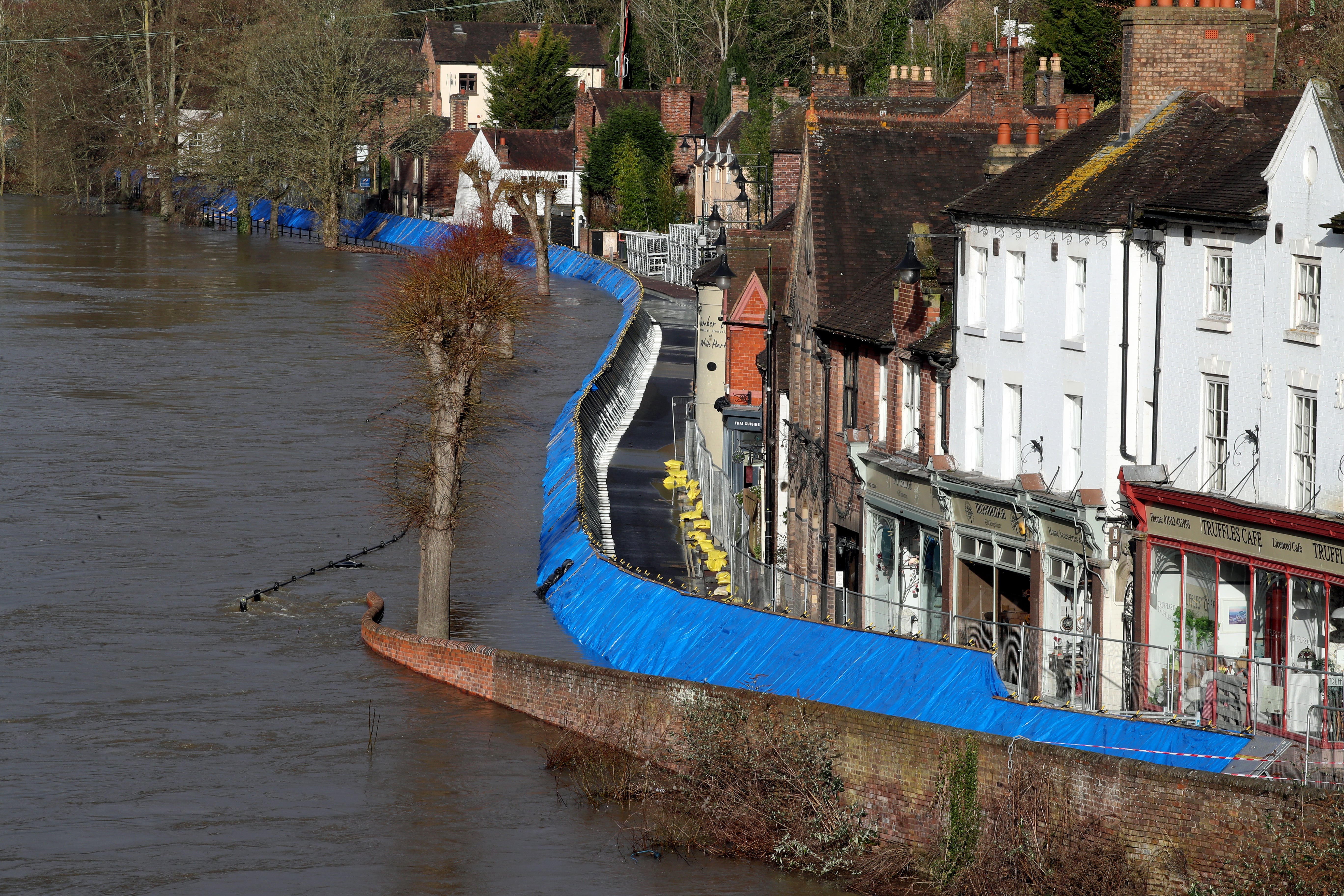 Flood defences along the Wharfage next to the River Severn following high winds and wet weather (Nick Potts/PA)