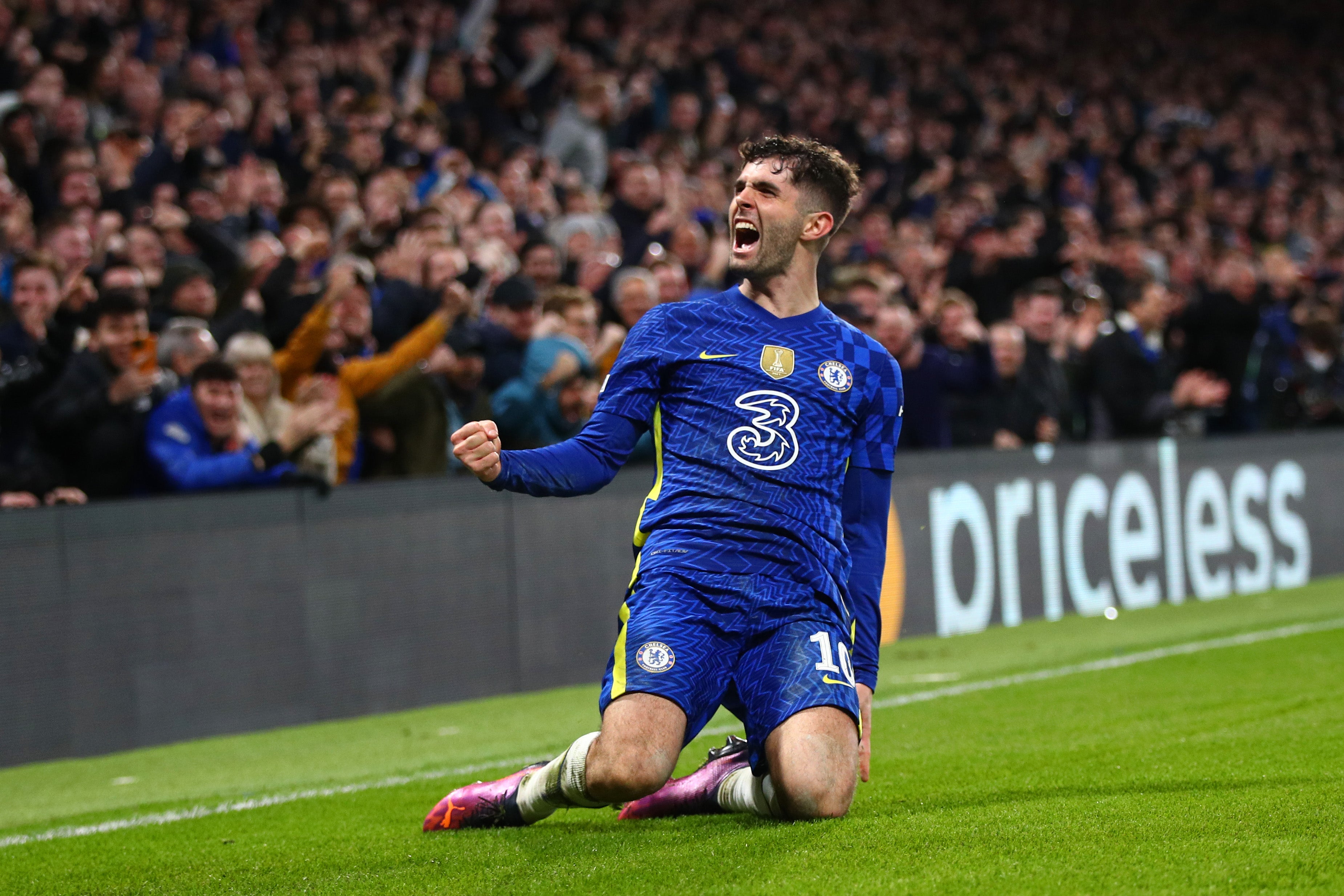 Christian Pulisic celebrates scoring for Chelsea