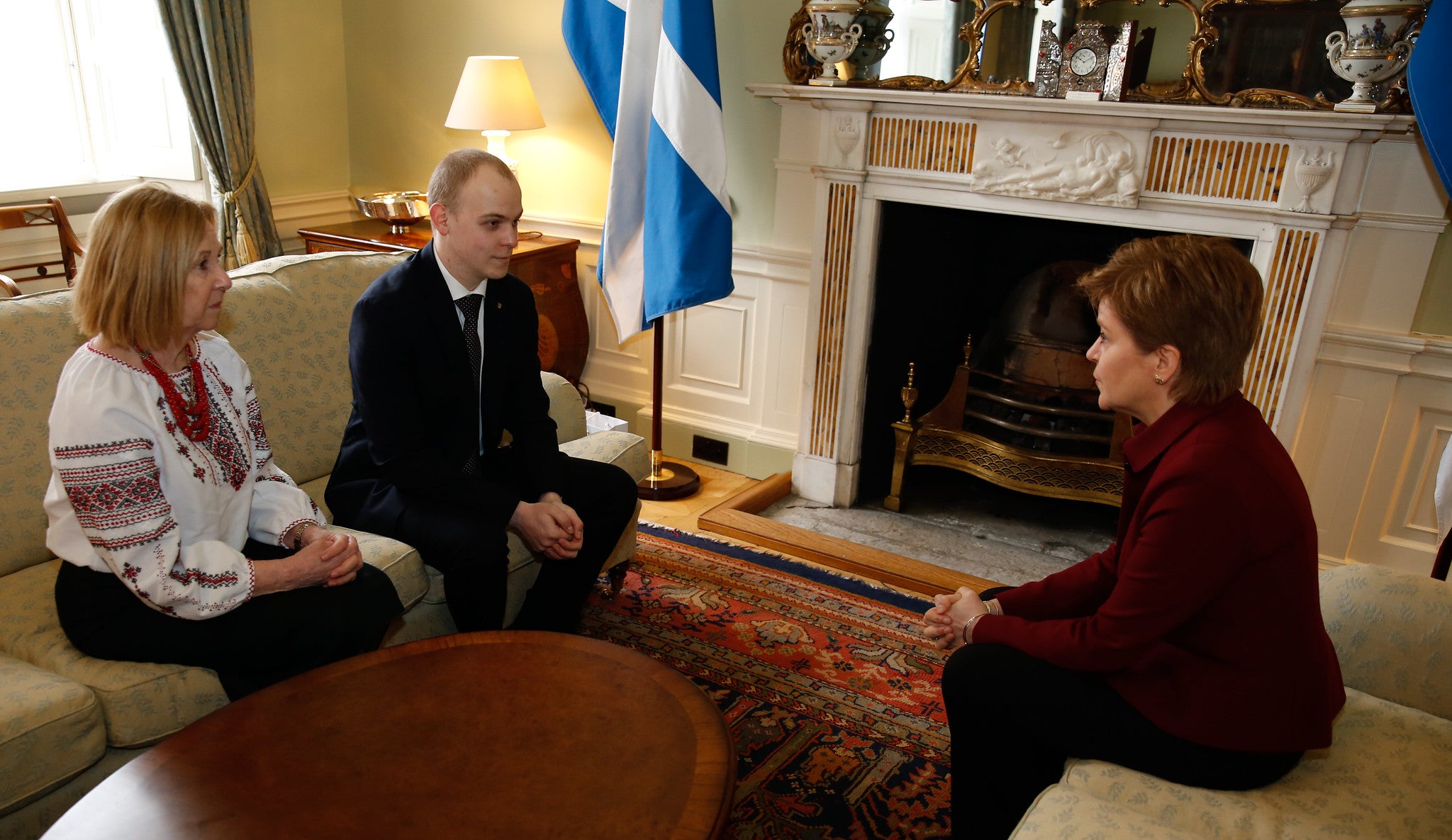 Nicola Sturgeon met the Ukrainian consul, Yevhen Mankovskyi, and Linda Allison, a representative of Ukrainians in the UK (Scottish Government/PA)