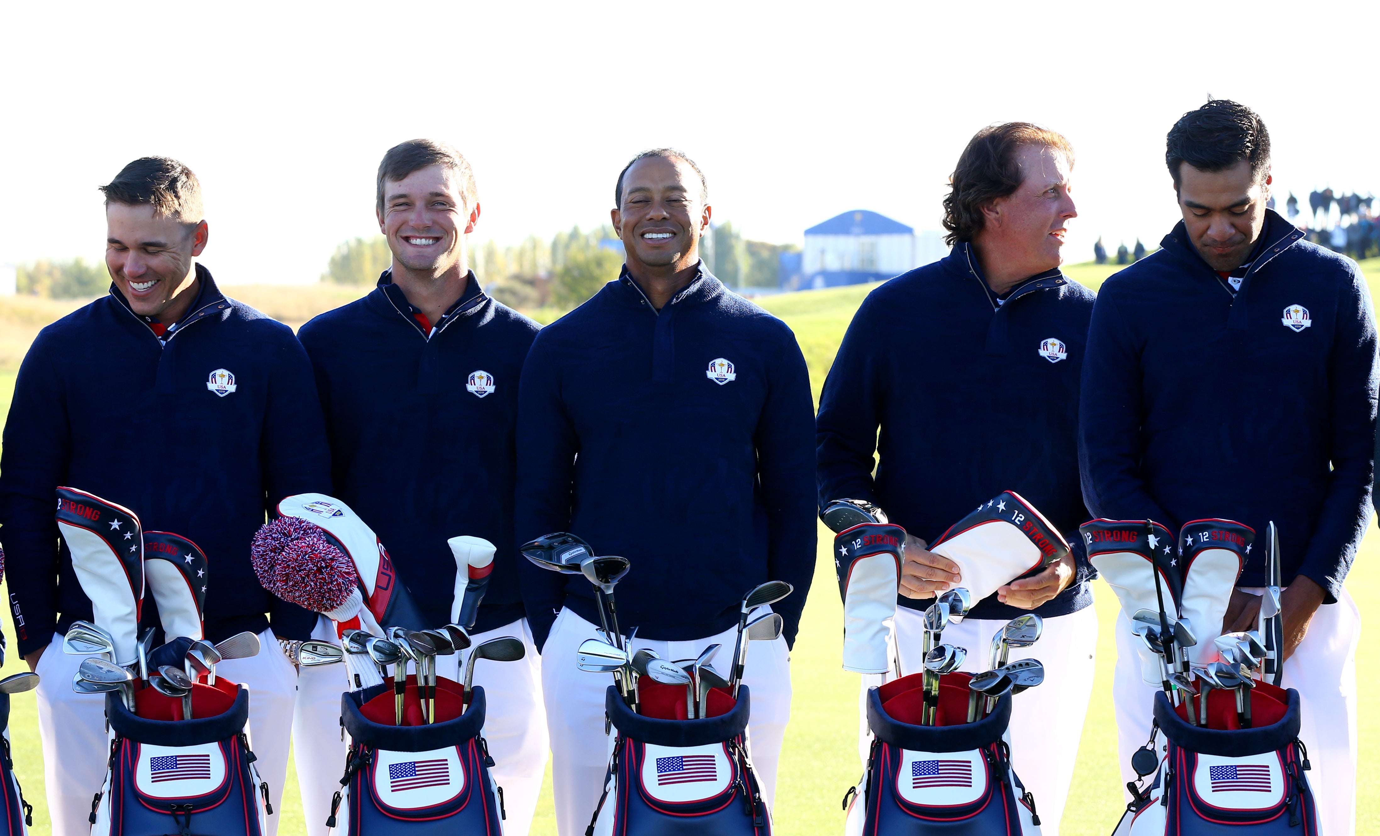 (left-right) Brooks Koepka, Bryson DeChambeau, Tiger Woods, Phil Mickelson and Tony Finau ahead of the 2018 Ryder Cup (Gareth Fuller/PA)