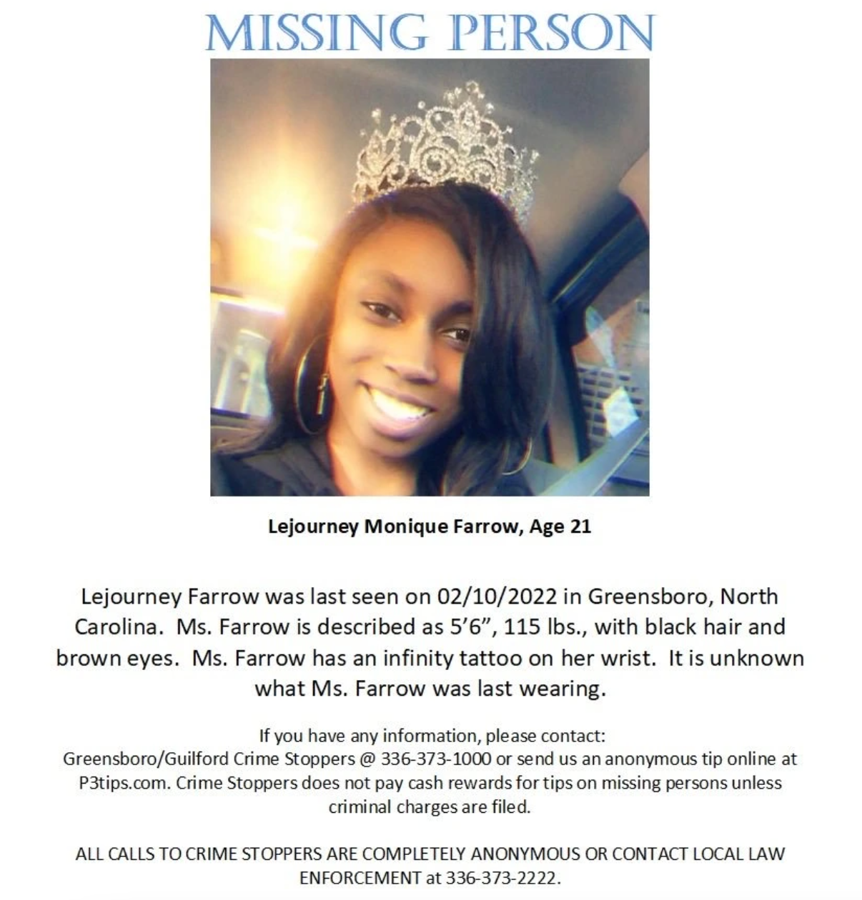 Anyone with information on Lejourney Farrow’s whereabouts is urged to contact the Greensboro-Guilford Crime Stoppers at 336-373-1000