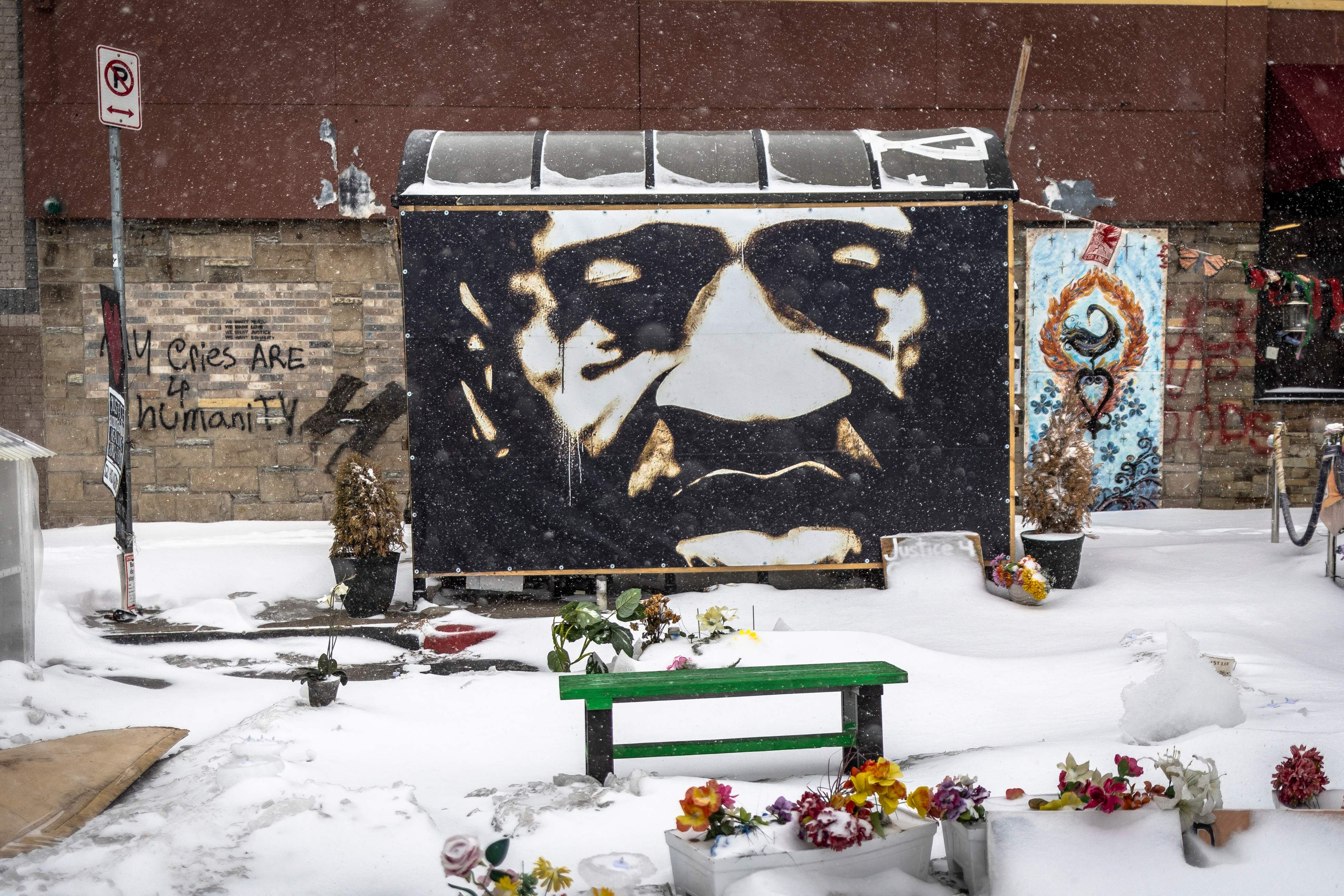 The George Floyd Memorial at George Floyd Square in Minneapolis on the day that closing arguments were under way for the three former officers