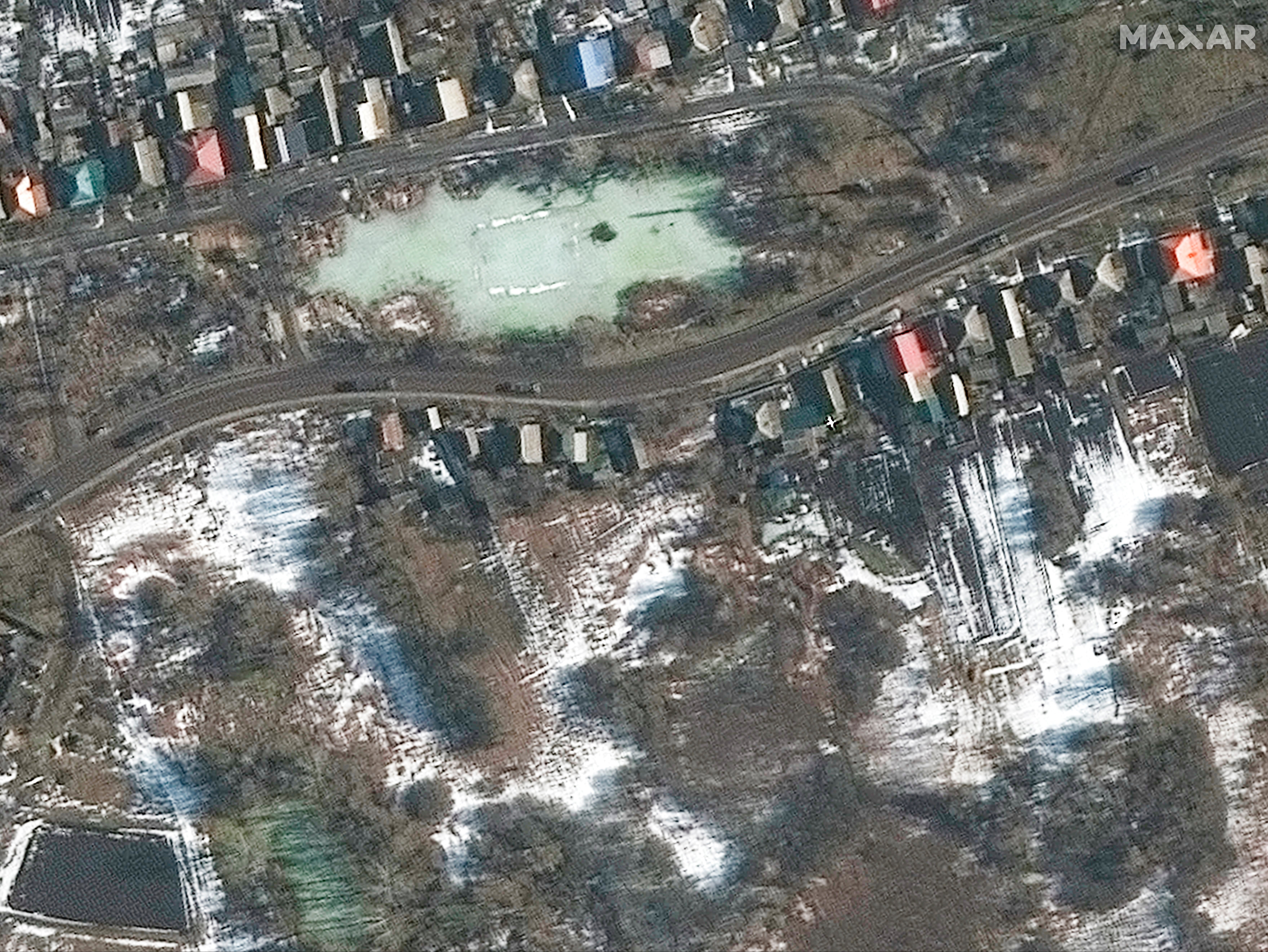 A satellite image from Wednesday shows part of a military convoy moving south in and around Golovchino, Russia