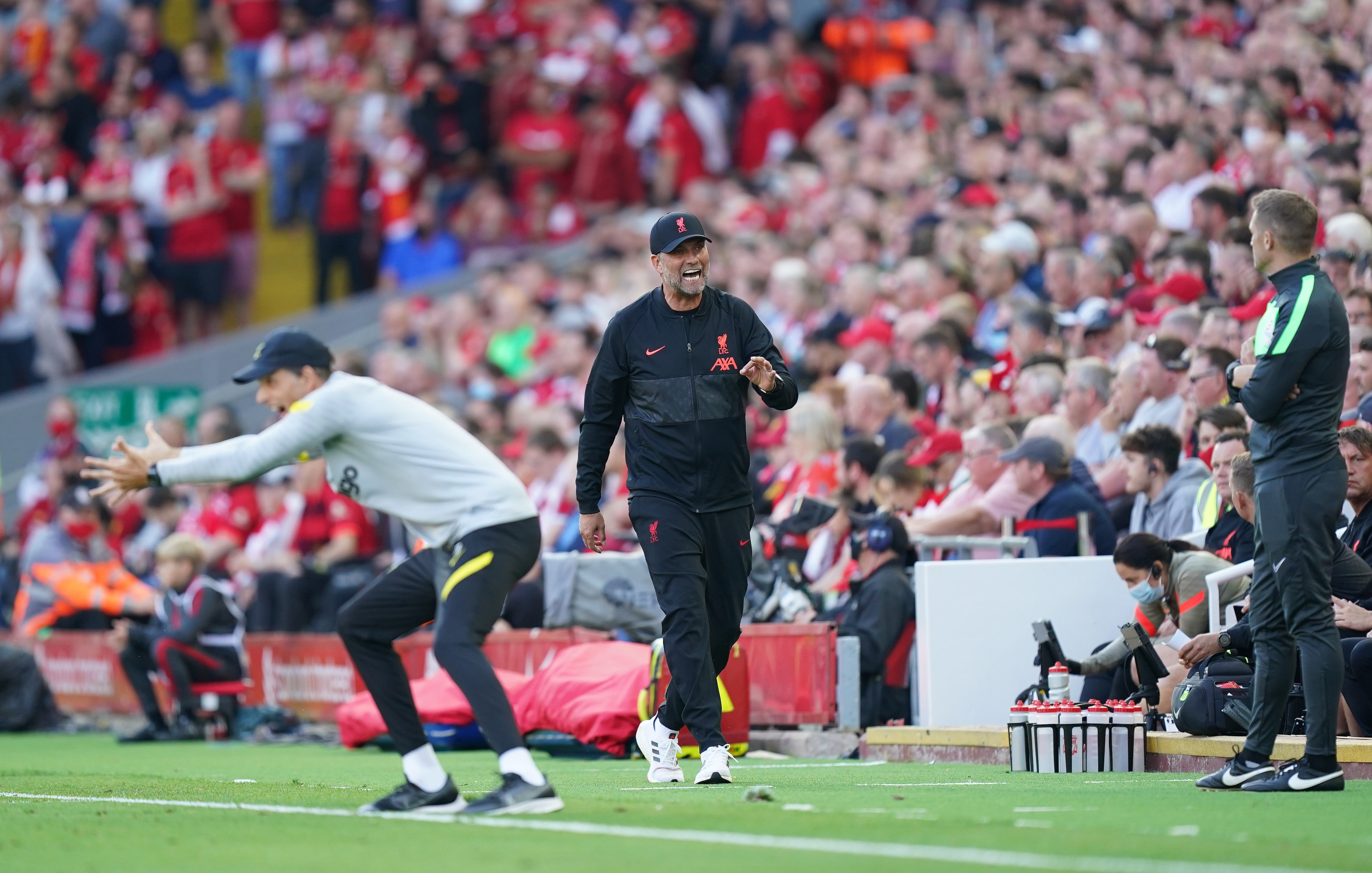 Thomas Tuchel, left, and Jurgen Klopp, centre, will both cut animated figures on the Wembley touchline (Mike Egerton/PA)