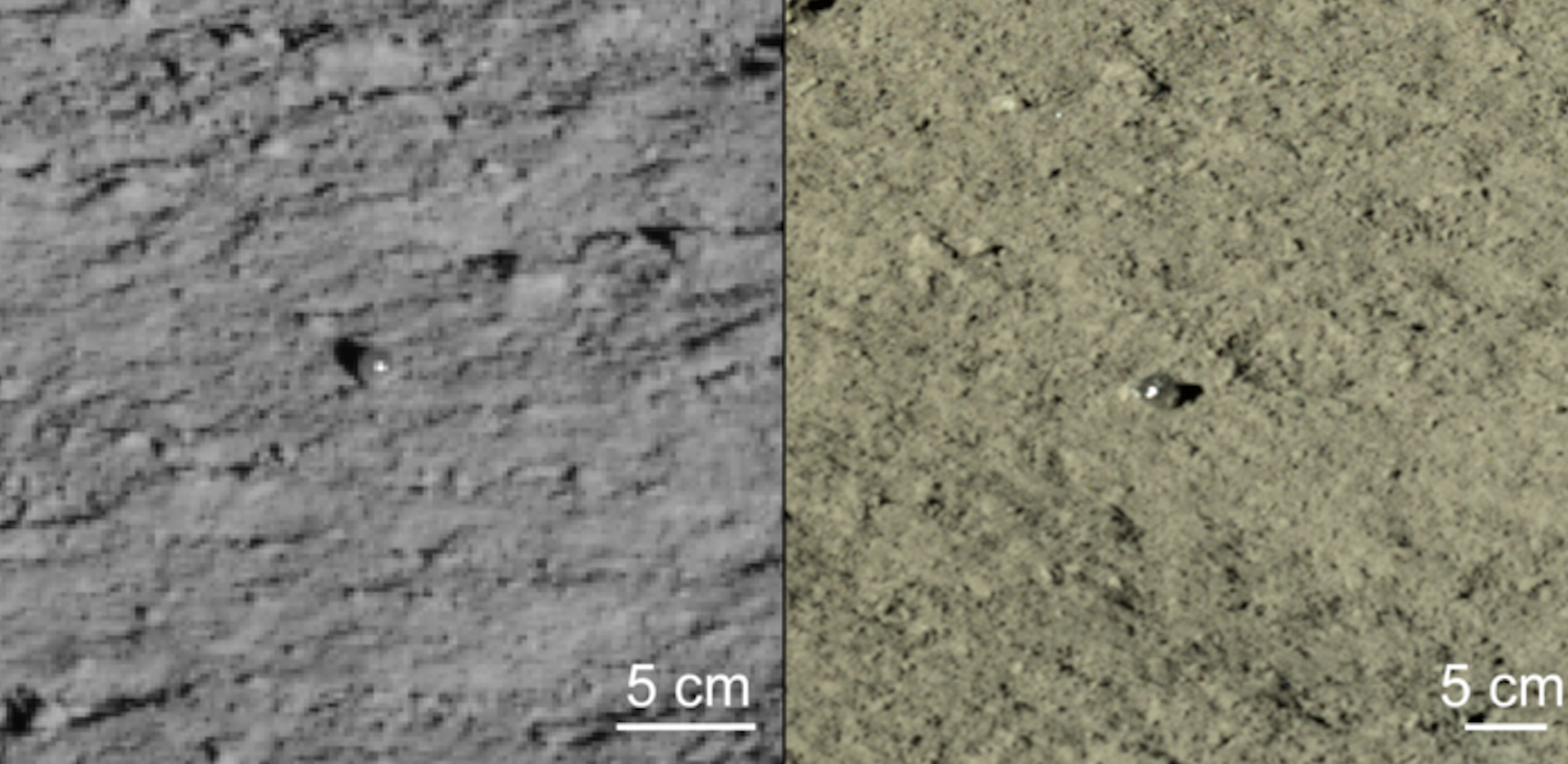 Two confirmed glass globules found along the route of Yutu-2 (Image taken by the Yutu-2 rover; courtesy of China National Space Administration).